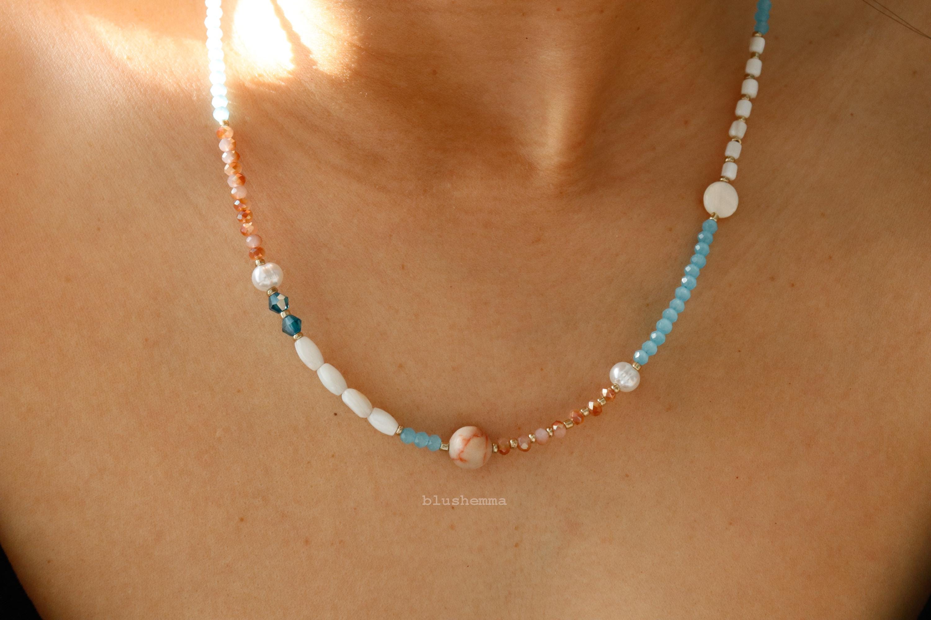 Sunrise Beaded Necklace, Blue Peach Soda Dainty Jewelry