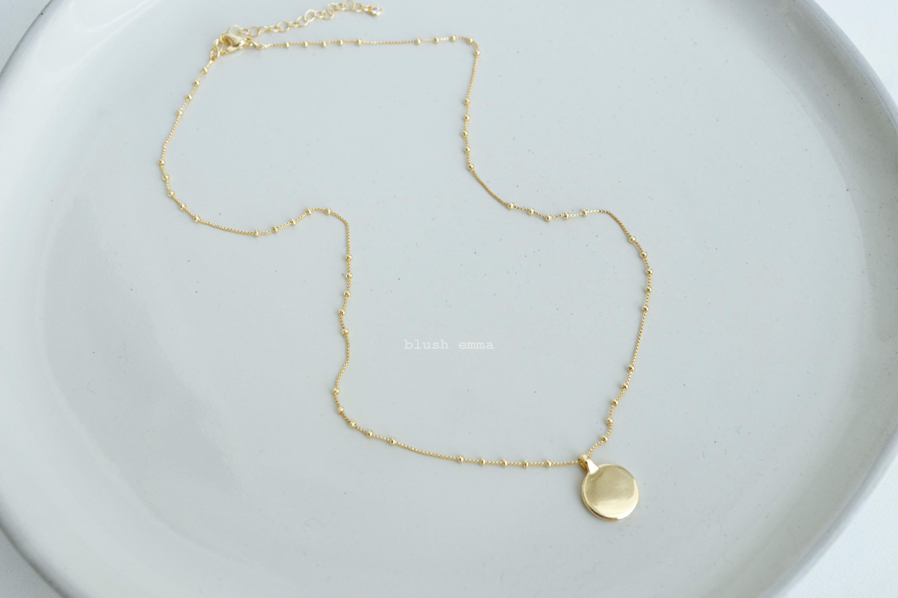 Blushemma Dainty Smooth Coin Pendant Necklace with spaced Satellite pattern chain. Dipped in gold, perfect gift for her