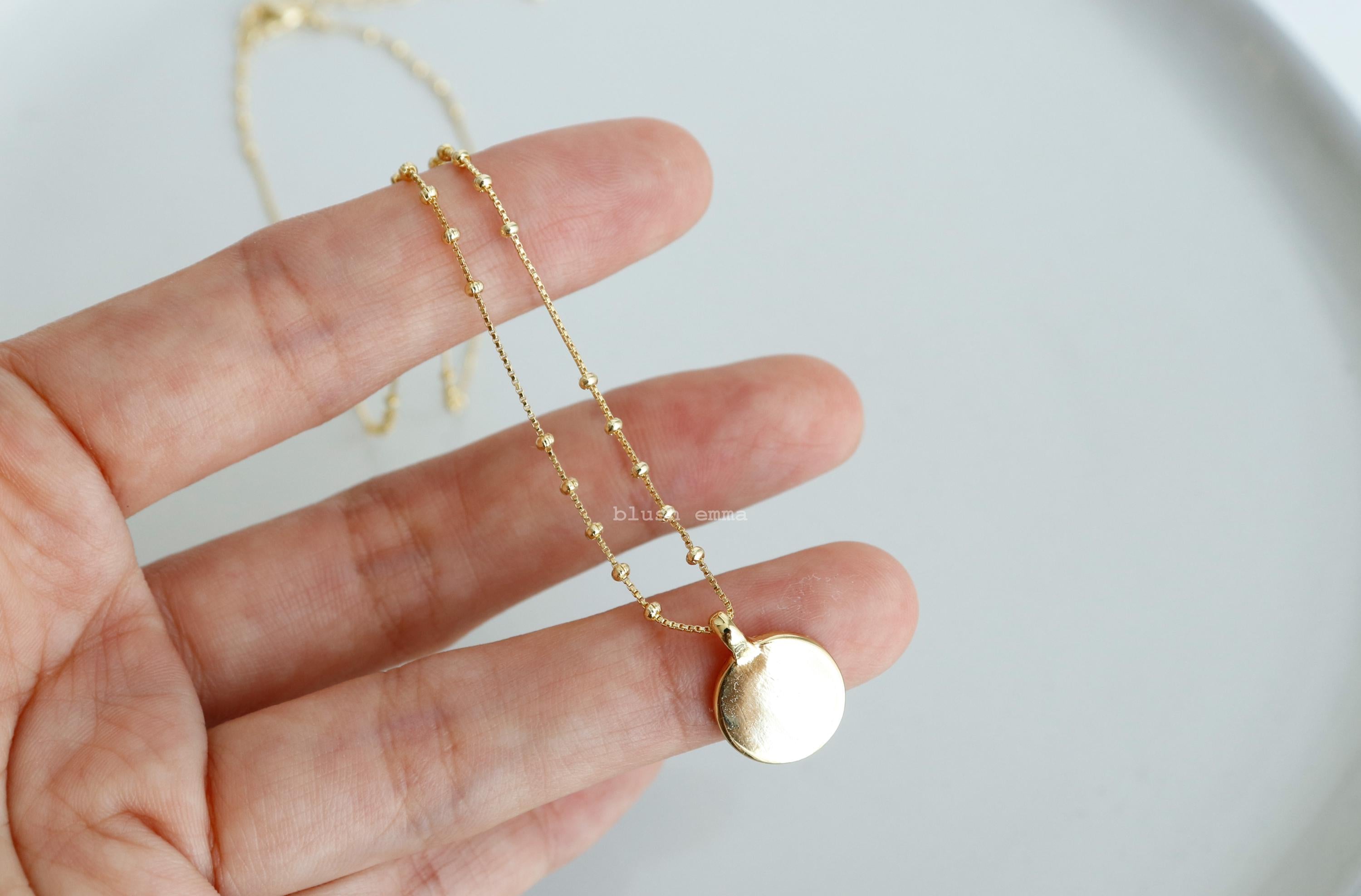 Blushemma Dainty Smooth Coin Pendant Necklace with spaced Satellite pattern chain. Dipped in gold, perfect gift for her