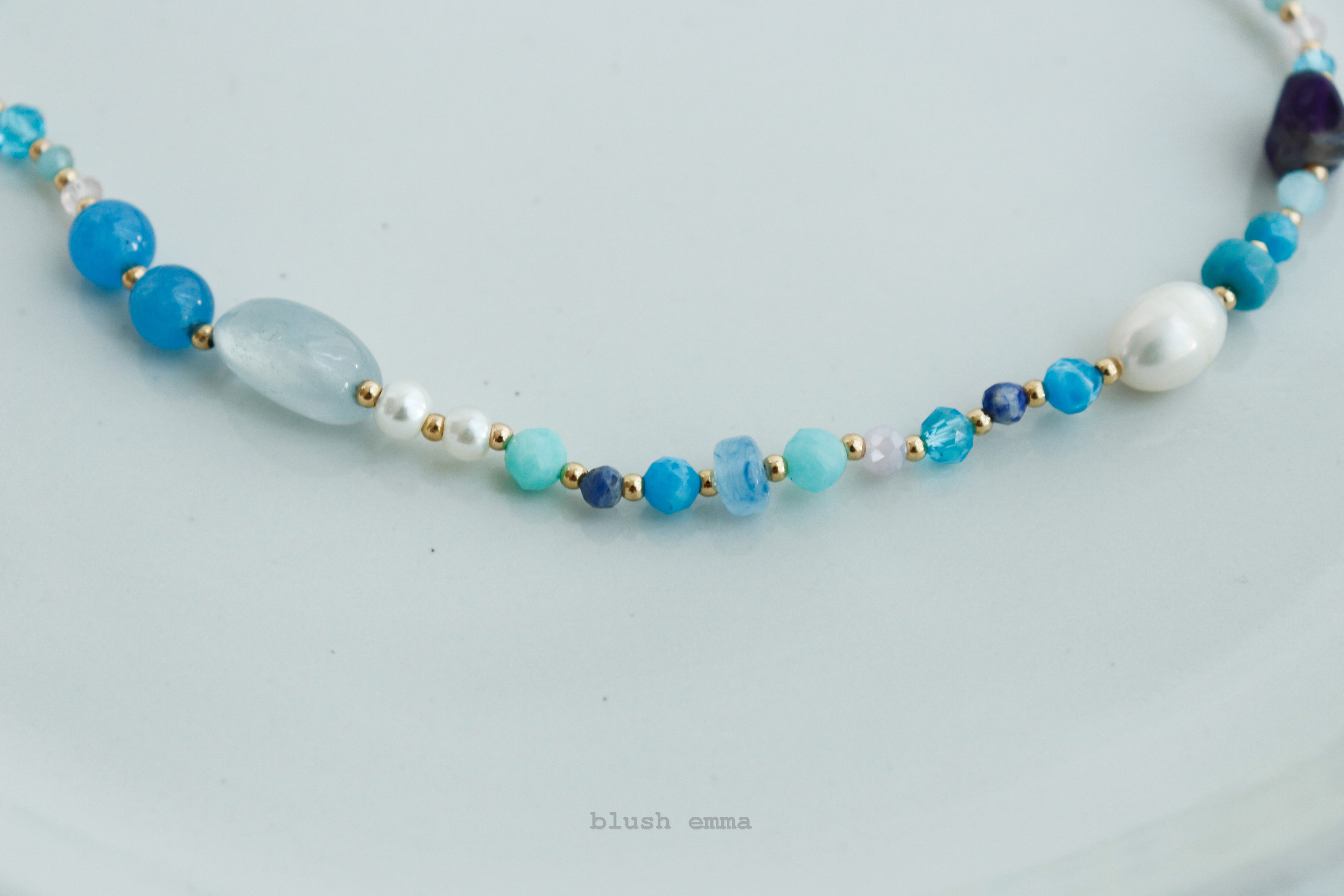 Colorful Mixed Gem Blue Hue Beaded Necklace, Semi-Precious, Faux pearl, Crystal Seeded Dainty Minimal Jewelry, Bridesmaid Bestie Her Gift by Blush Emma