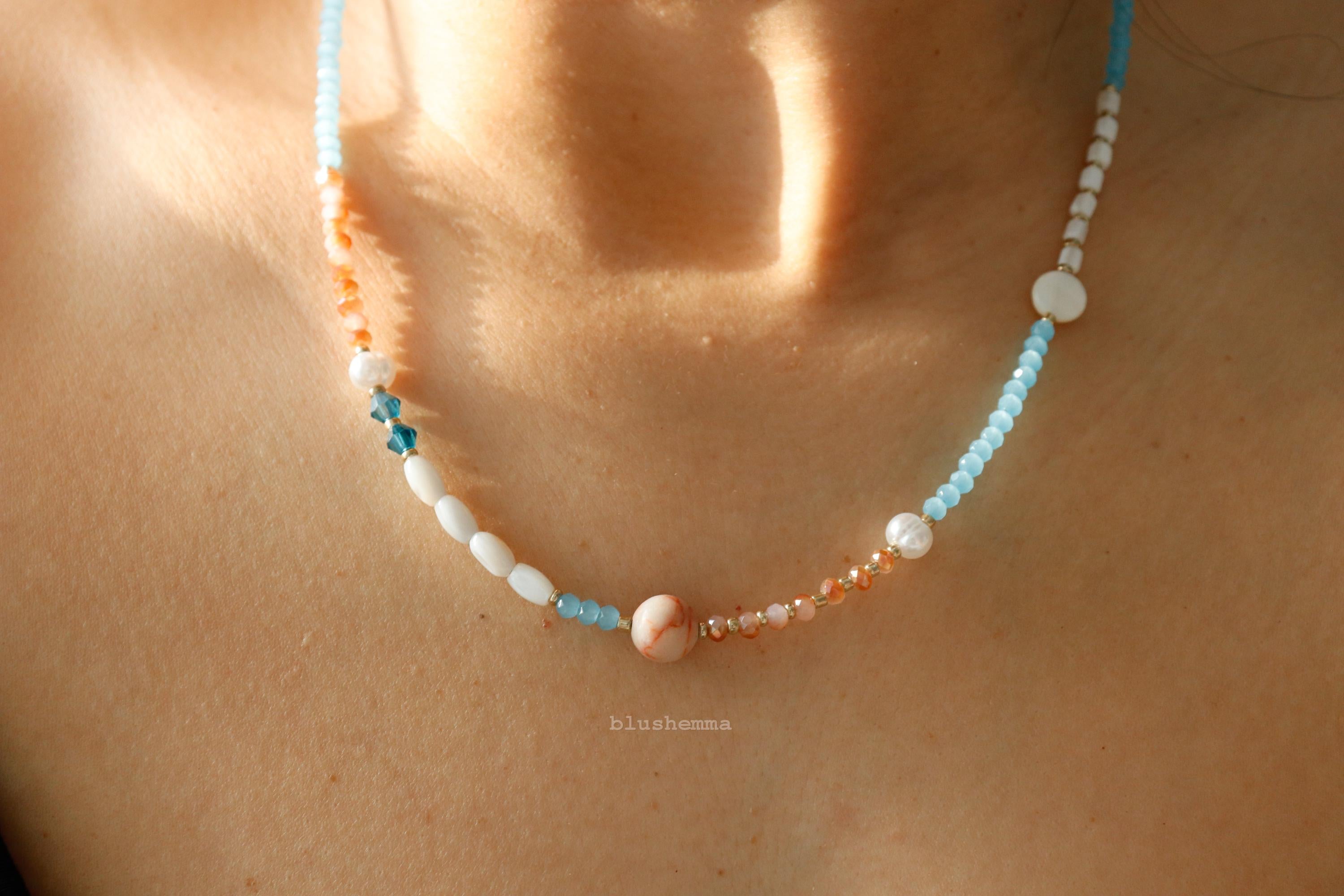 Sunrise Beaded Necklace, Blue Peach Soda Dainty Jewelry
