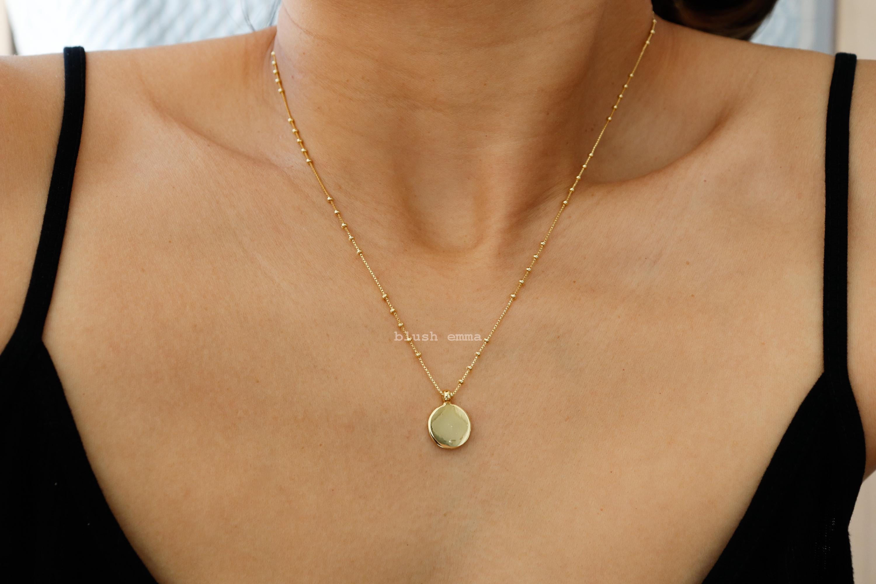 Blushemma Dainty Smooth Coin Pendant Necklace with spaced Satellite pattern chain. Dipped in gold, perfect gift for her