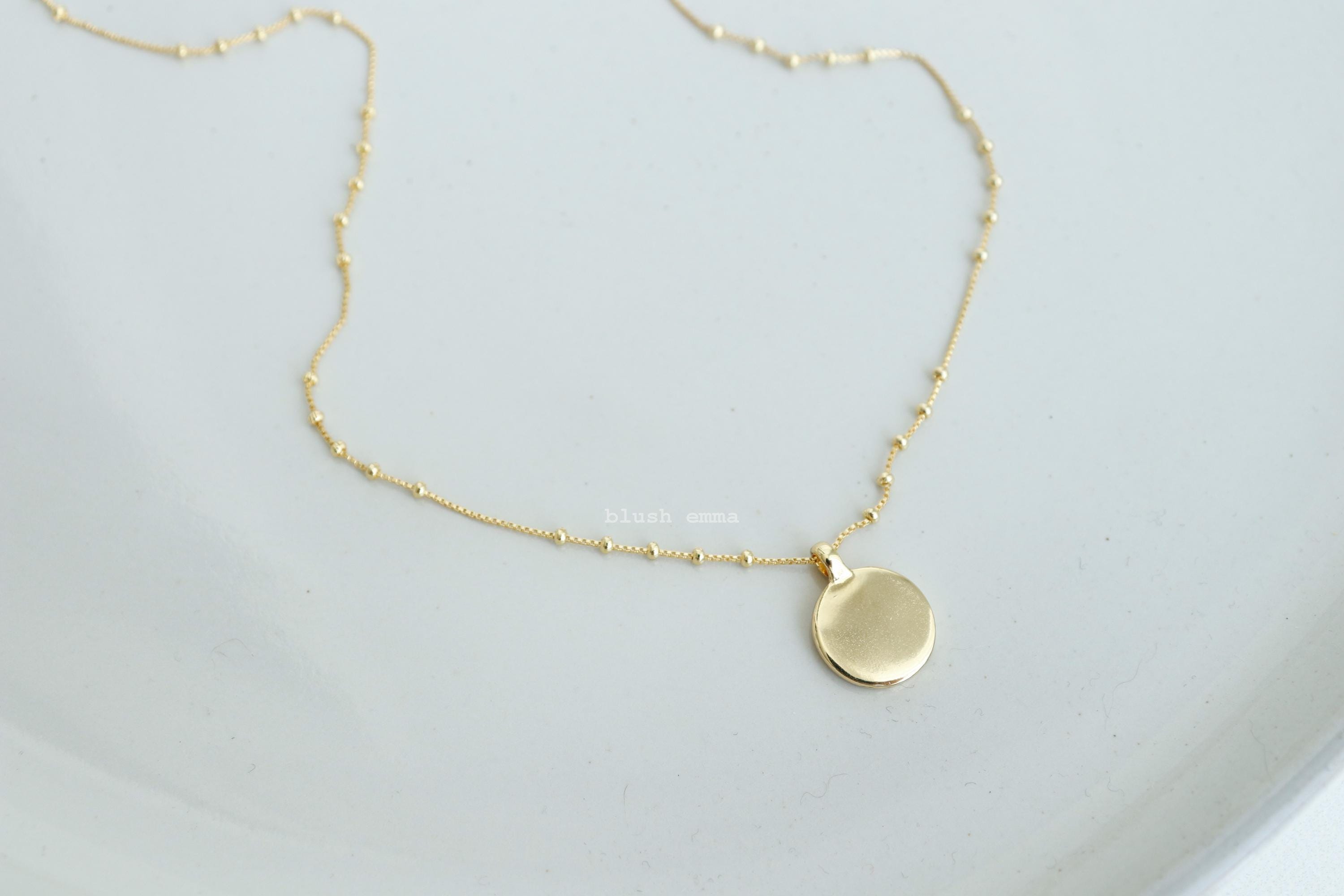 Blushemma Dainty Smooth Coin Pendant Necklace with spaced Satellite pattern chain. Dipped in gold, perfect gift for her
