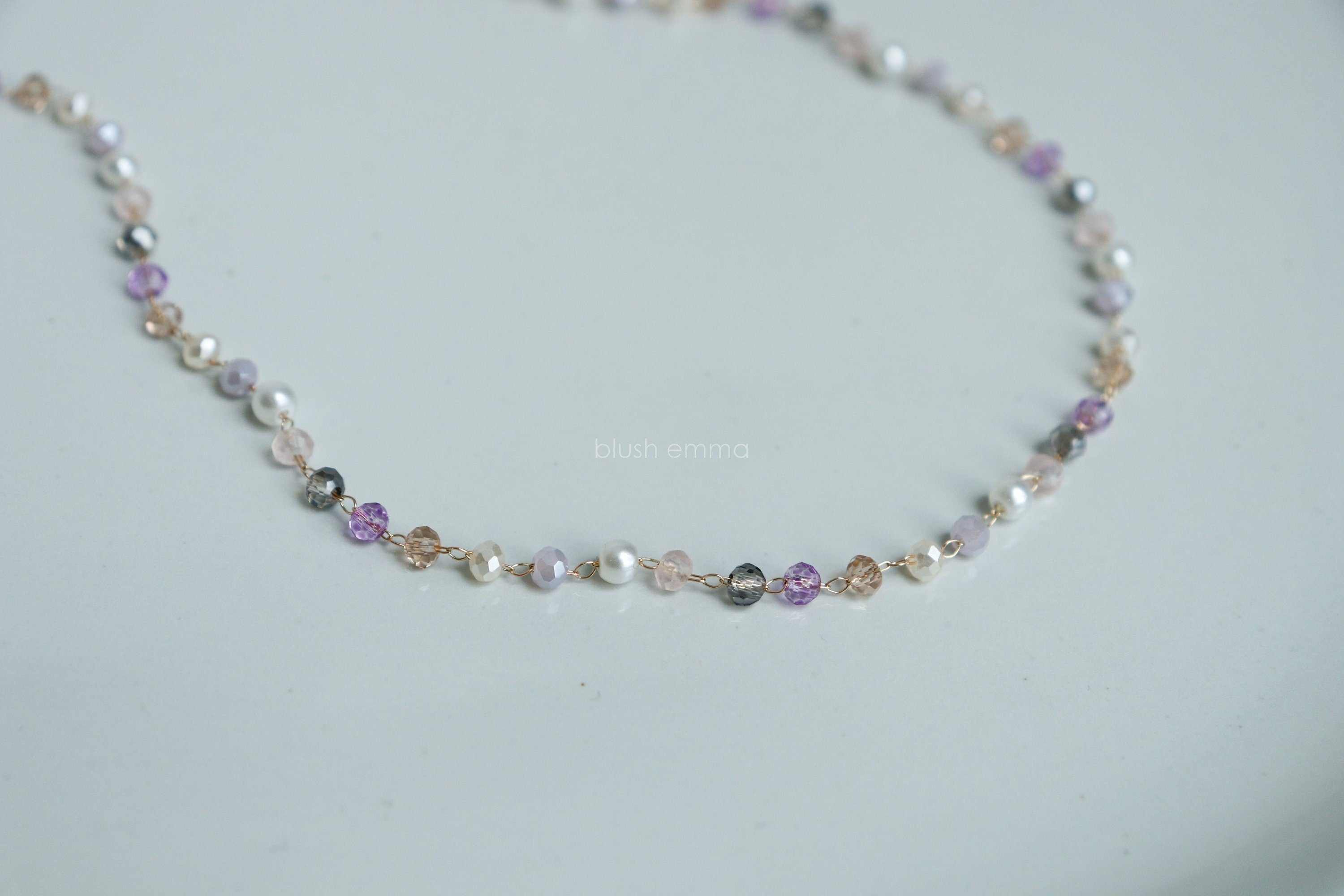 Lilac Purple Tone Pearl Accent 3mm Glass Beaded Necklace, Bead Boho Gold Clavicle | Dainty Minimalist Jewelry | Chain Bridesmaid Bestie Gift
