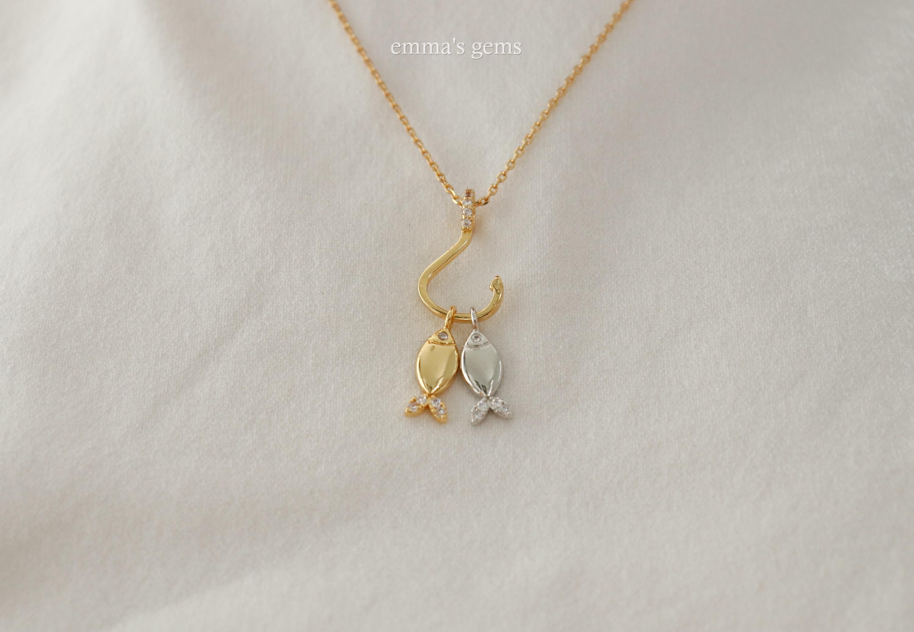 Double Two Tone Fish on Hook Charm Necklace