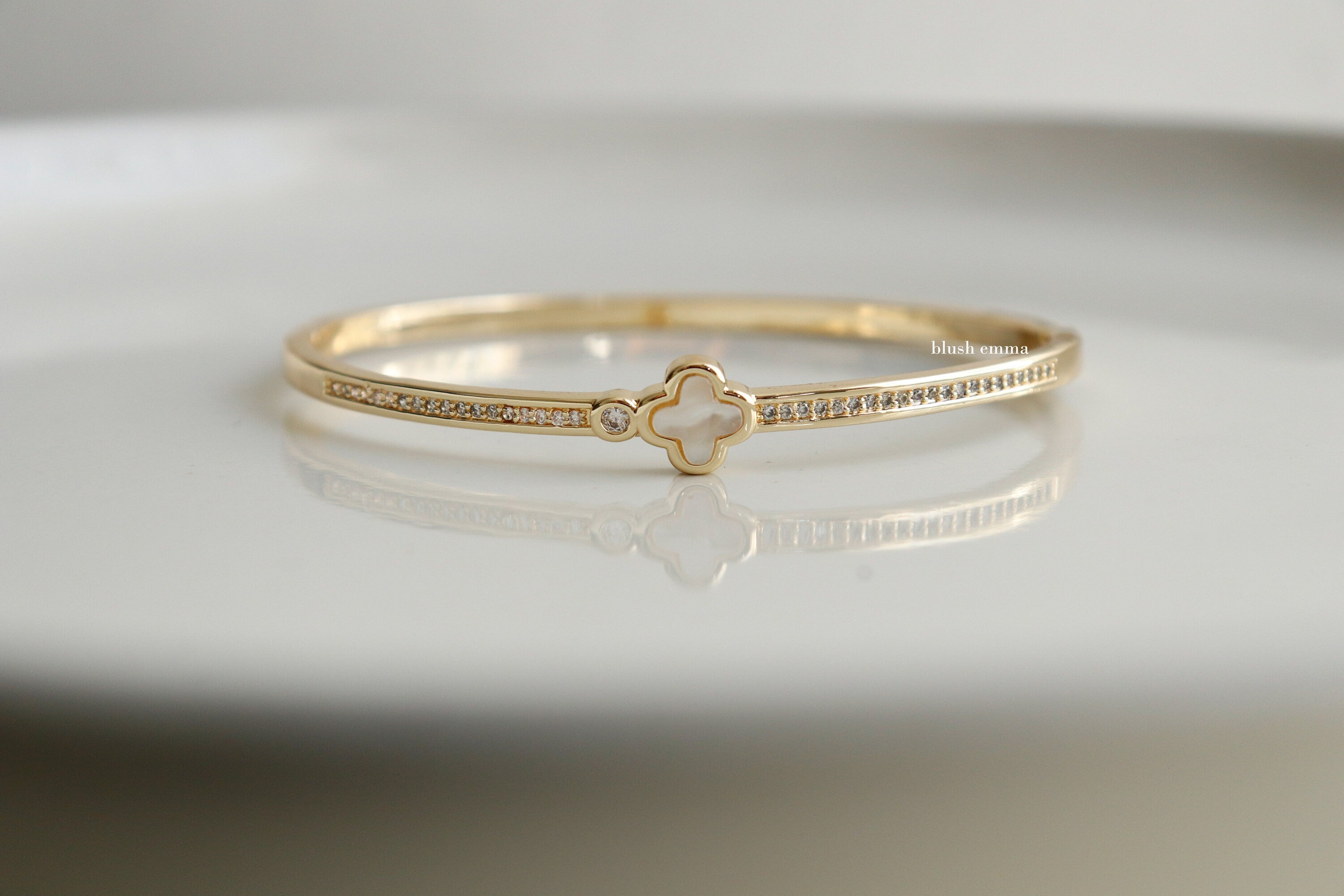 Blush Emma Mother of Pearl Clover Rhinestone Studded Bangle Bracelet