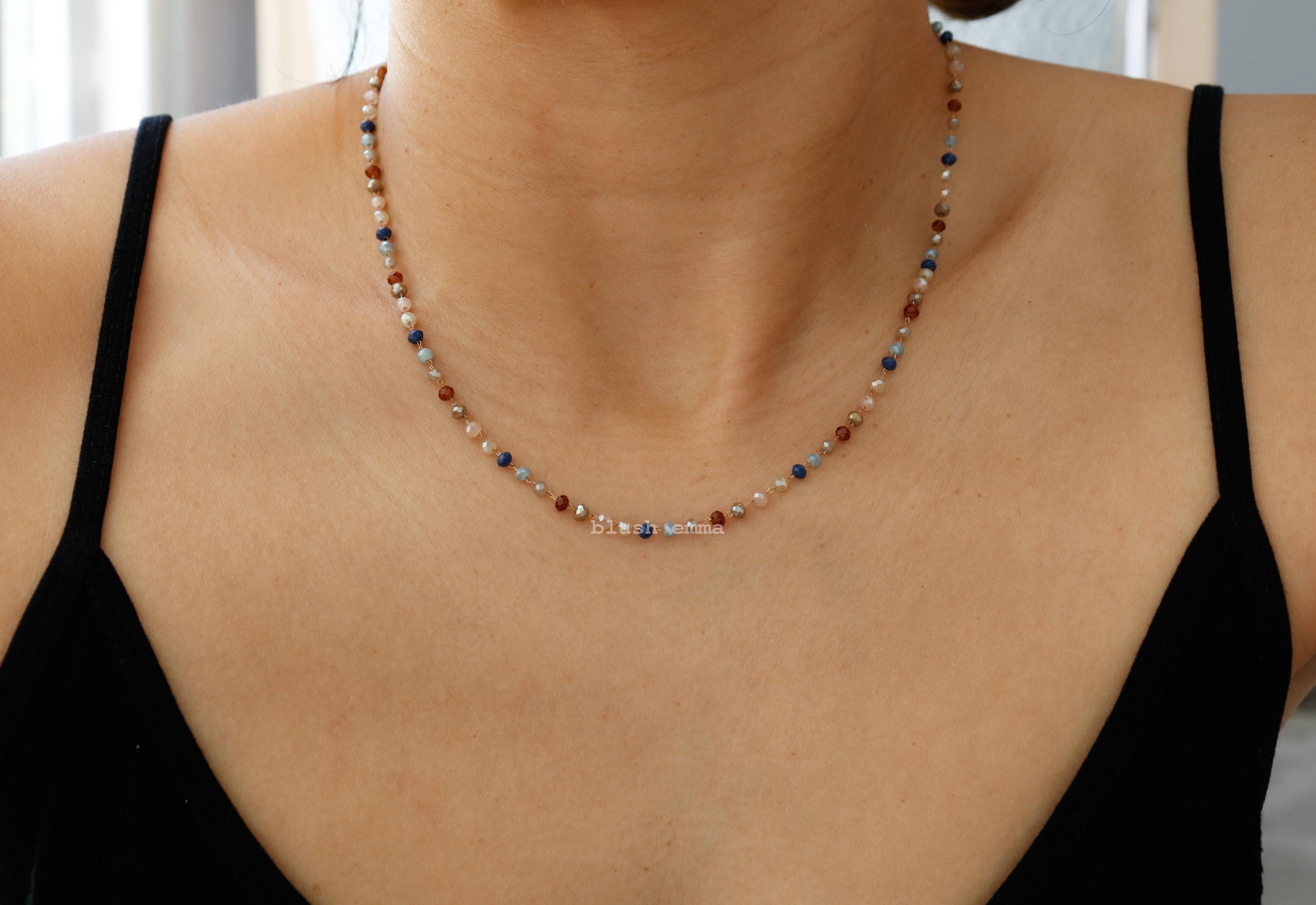 Dark Mood Navy Brown Moon Colors Beaded Necklace