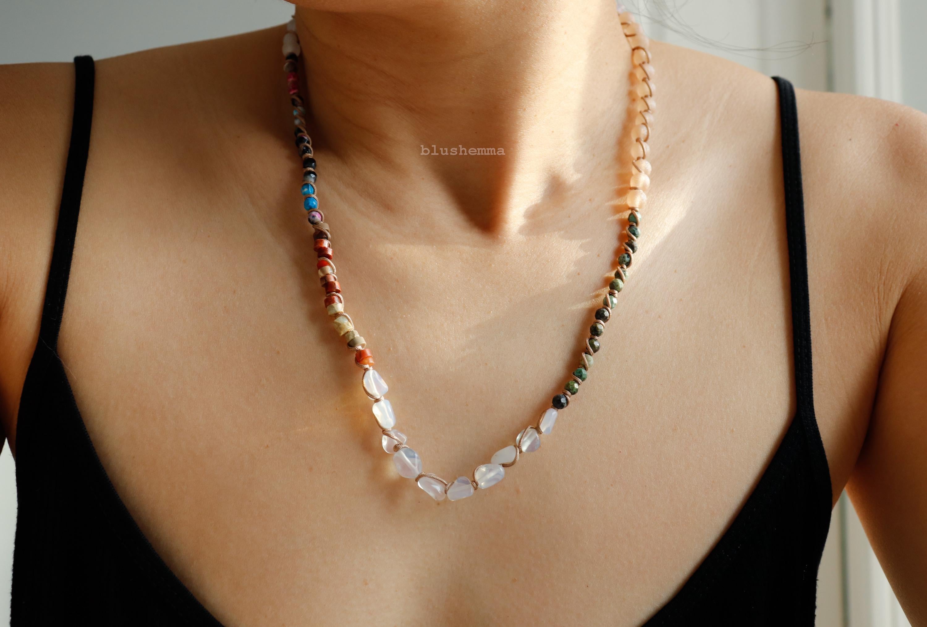 Bold Color Mixed Stone and Gem Roped Tied Beaded Necklace