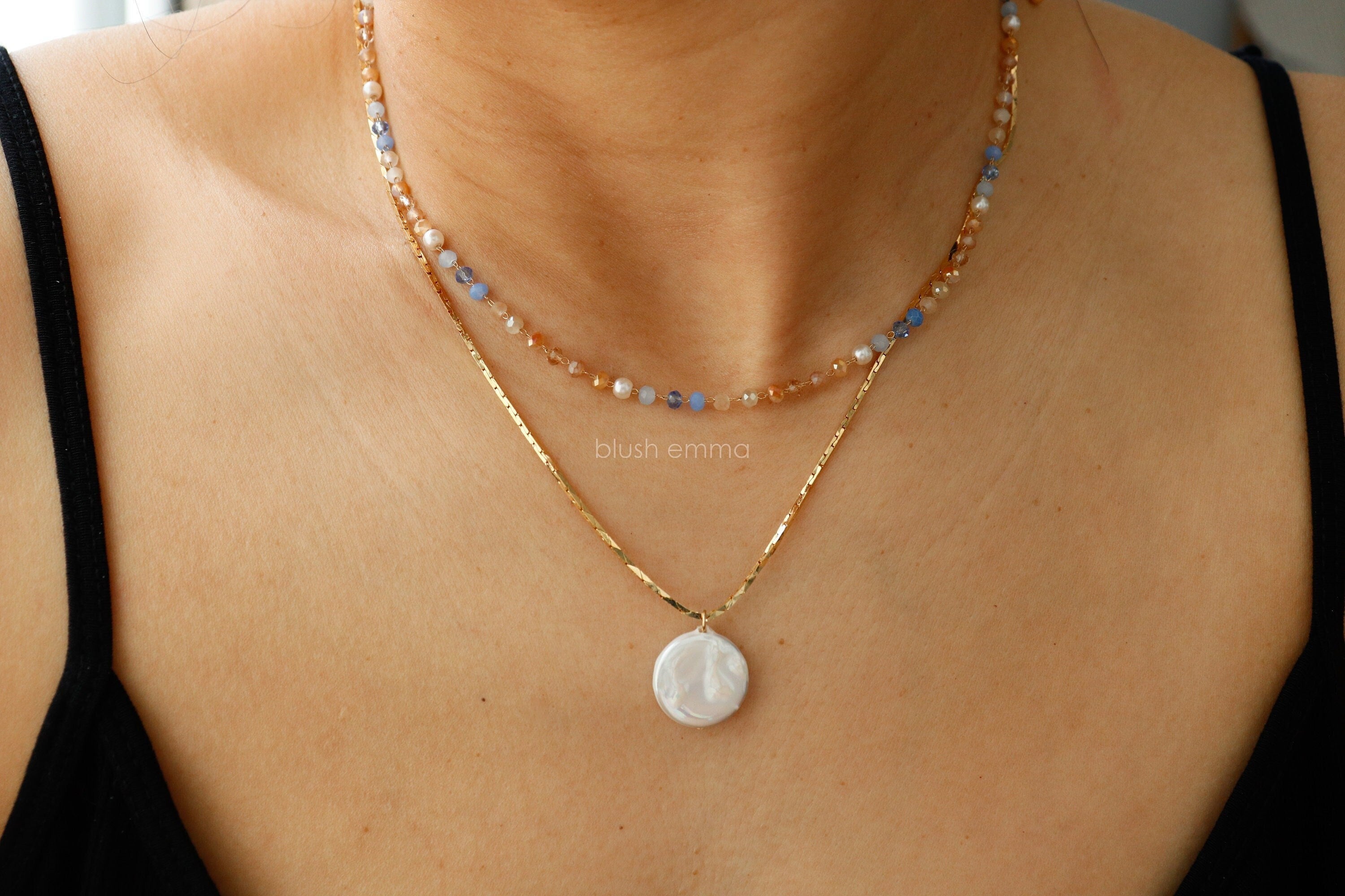 Pretty Me Blue, Beige Tones Pearl Accent Crystal Beaded Necklace