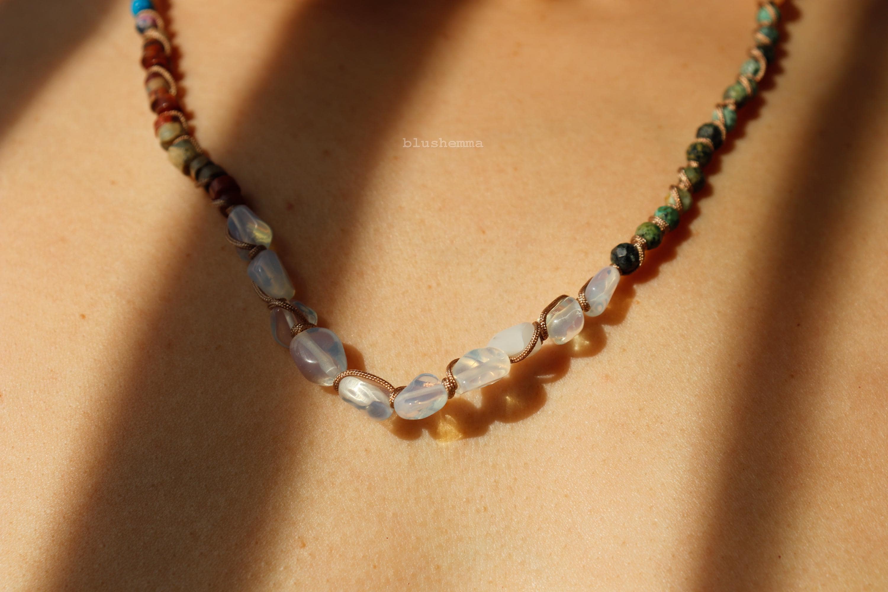 Bold Color Mixed Stone and Gem Roped Tied Beaded Necklace