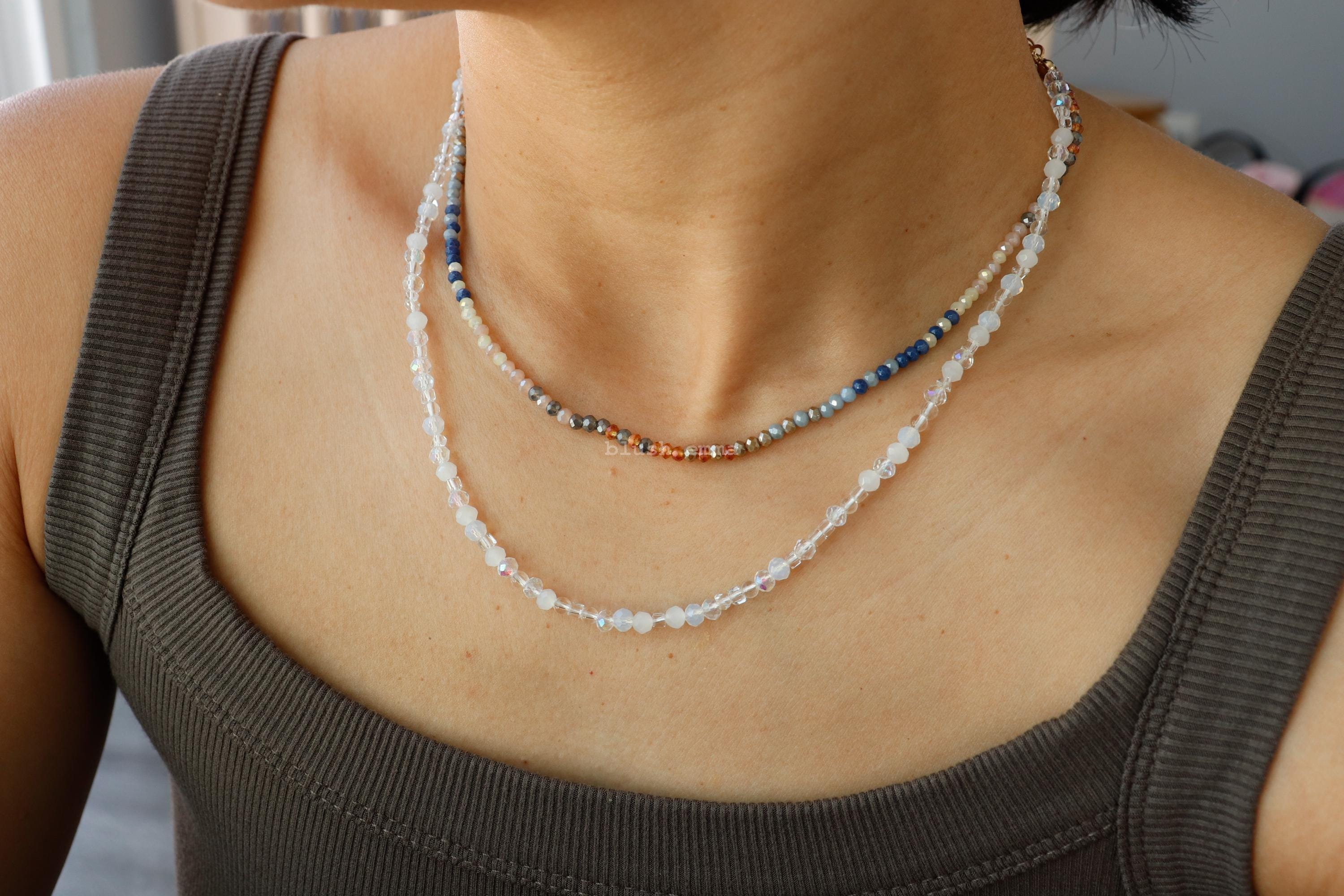 Frosted White, Iridescent Clear Crystal Glass Beaded Necklace