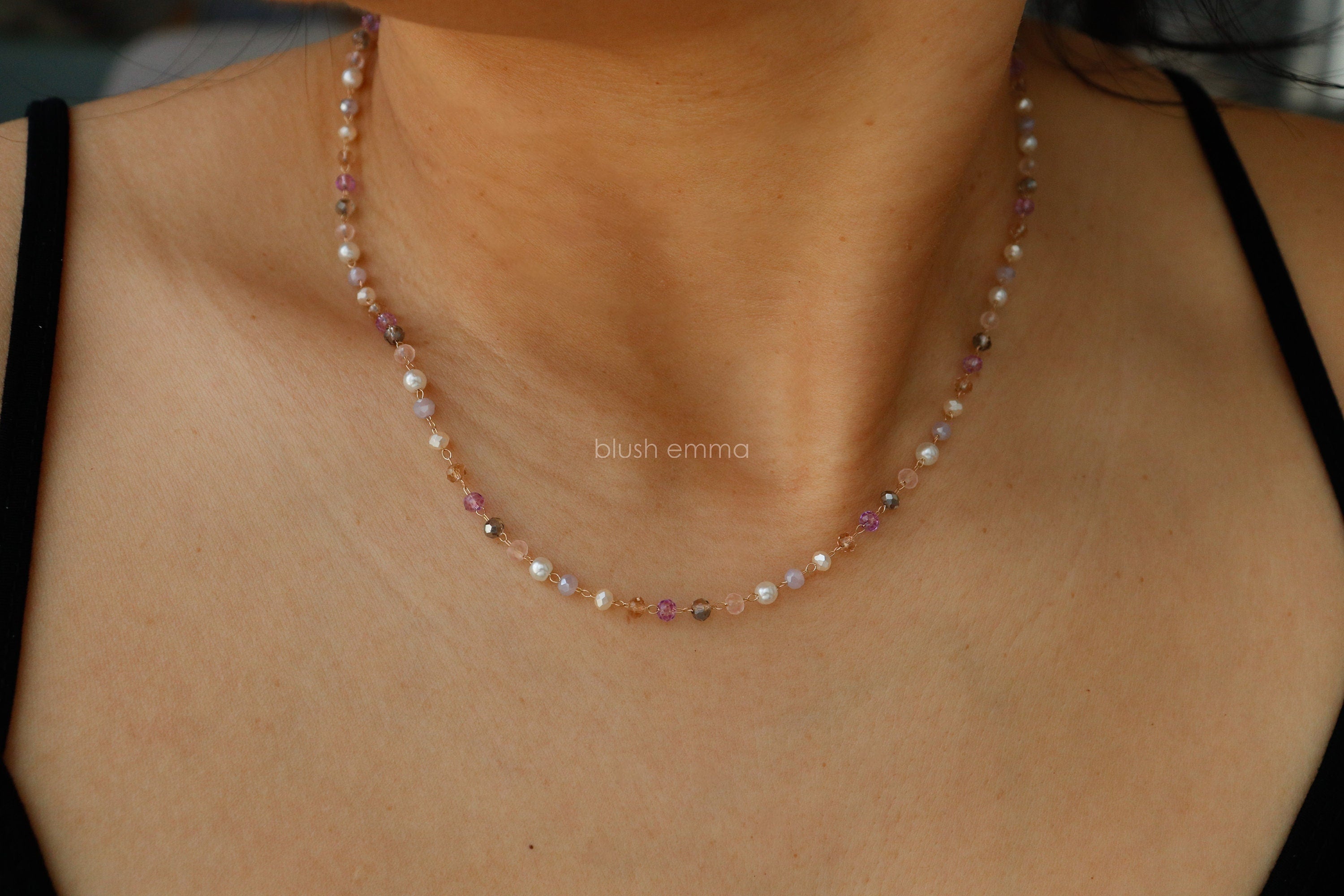 Lilac Purple Tone Pearl Accent 3mm Glass Beaded Necklace, Bead Boho Gold Clavicle | Dainty Minimalist Jewelry | Chain Bridesmaid Bestie Gift