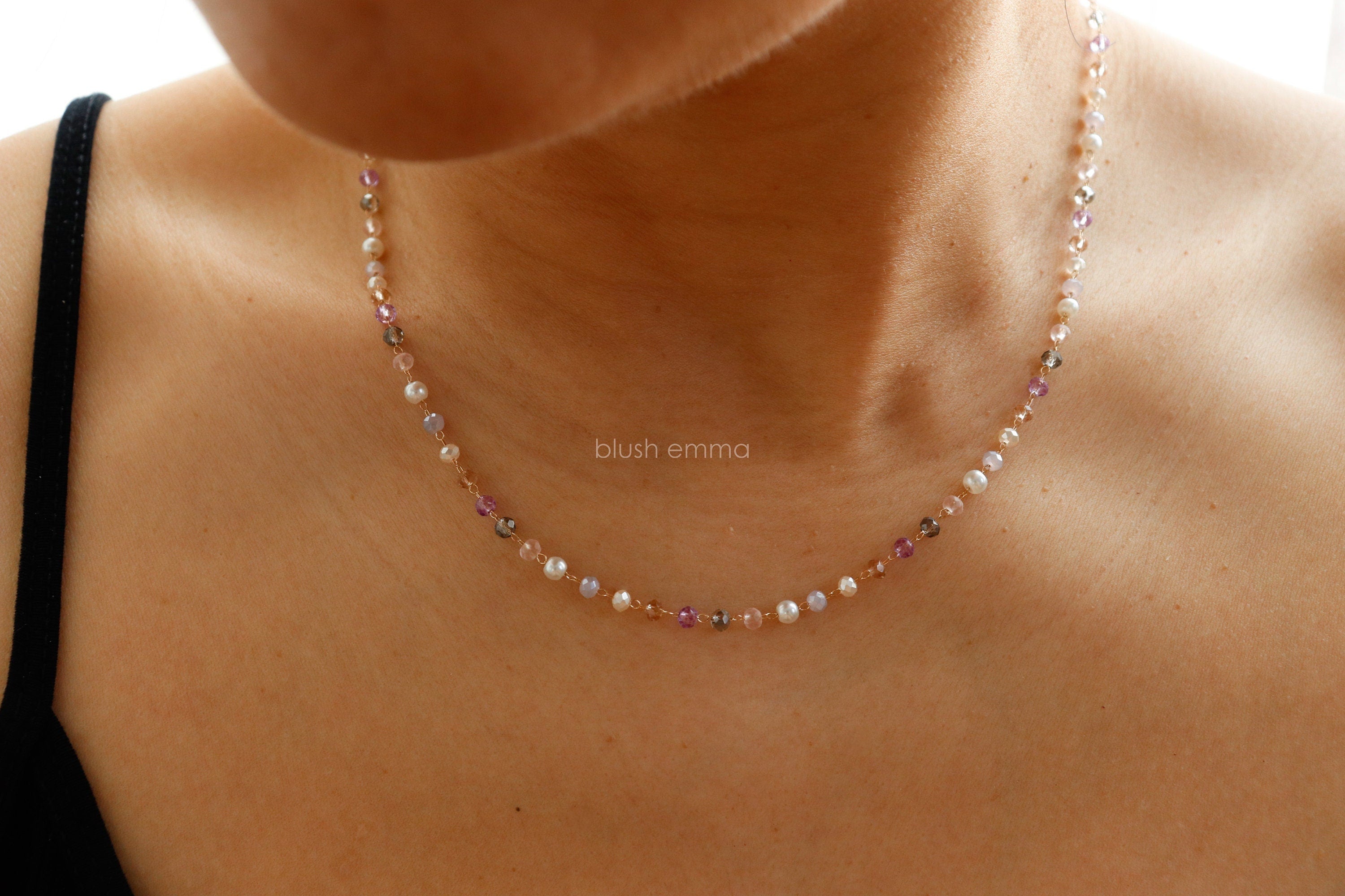 Lilac Purple Tone Pearl Accent 3mm Glass Beaded Necklace, Bead Boho Gold Clavicle | Dainty Minimalist Jewelry | Chain Bridesmaid Bestie Gift