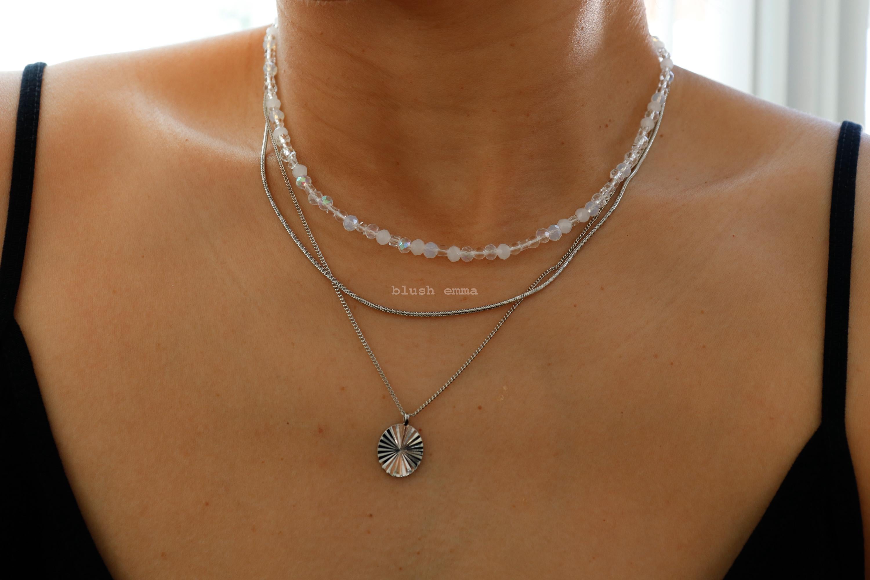 Frosted White, Iridescent Clear Crystal Glass Beaded Necklace