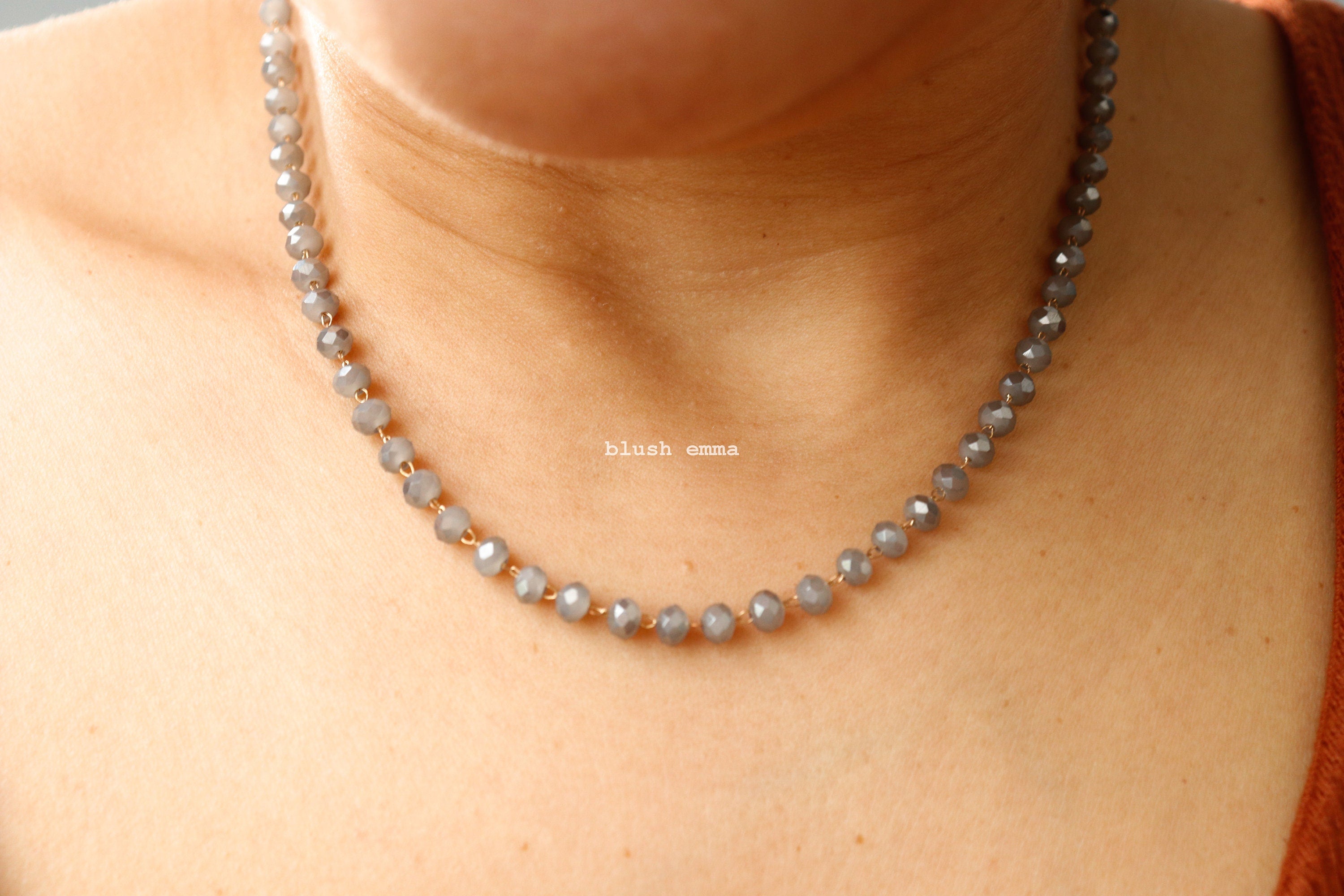 Gray Crystal Glass Beaded Choker Necklace