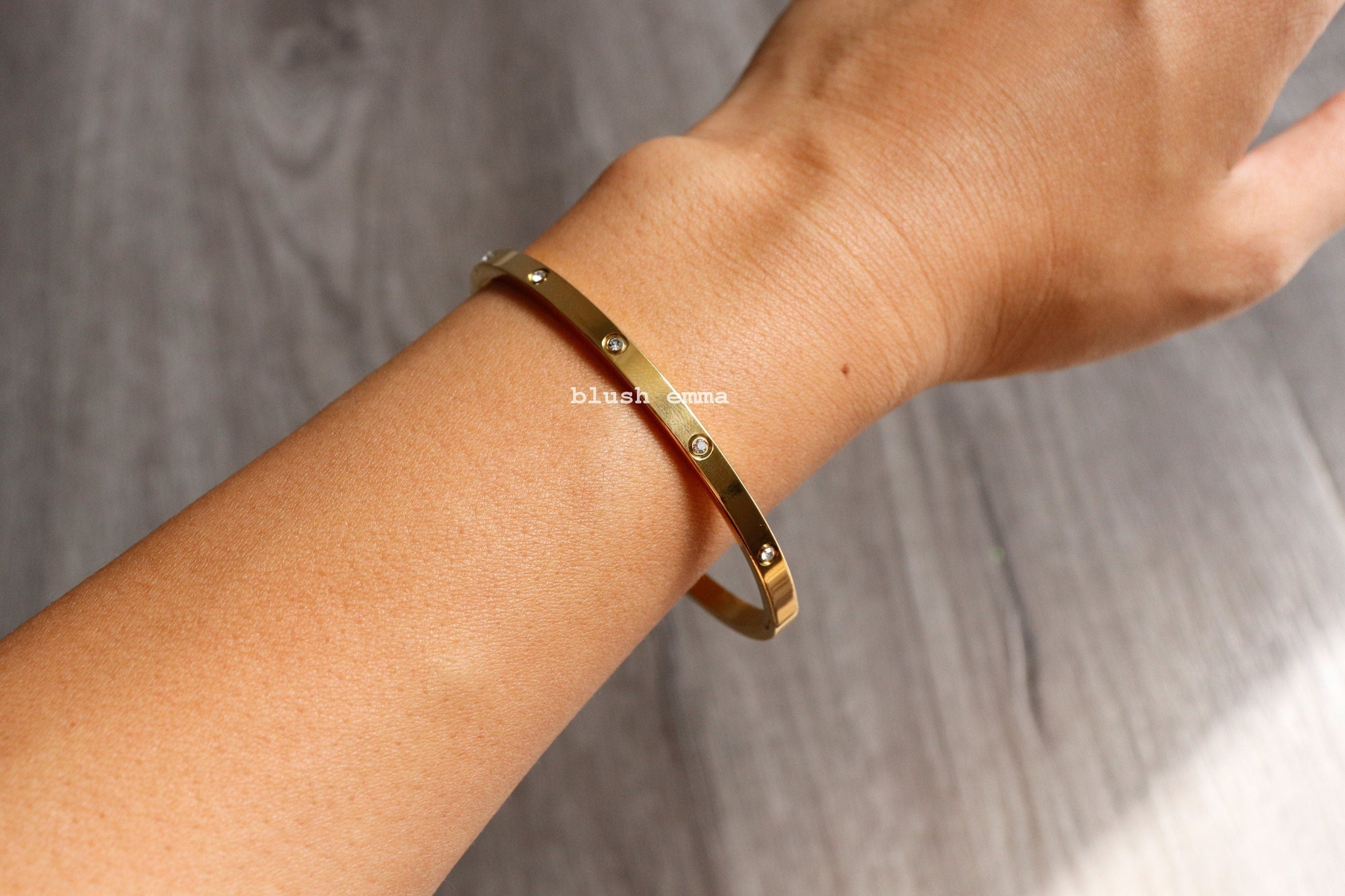 blushemma Rhinestone Paved Oval Cuff Latch Bangle Bracelet, stainless Steel Gold Silver, love Aesthetic | Dainty Minimalist Jewelry | Bestie Gift her