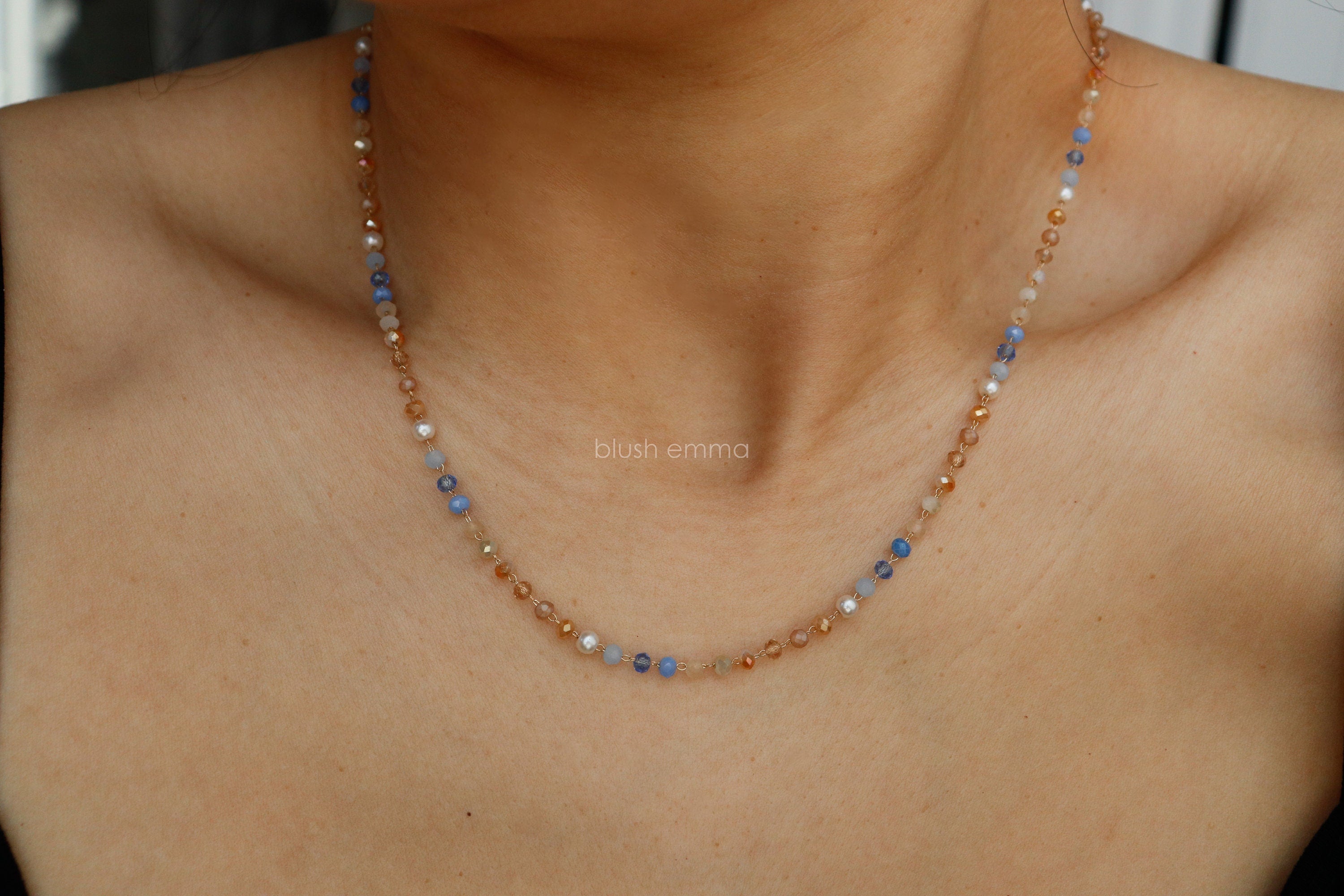 Pretty Me Blue, Beige Tones Pearl Accent Crystal Beaded Necklace