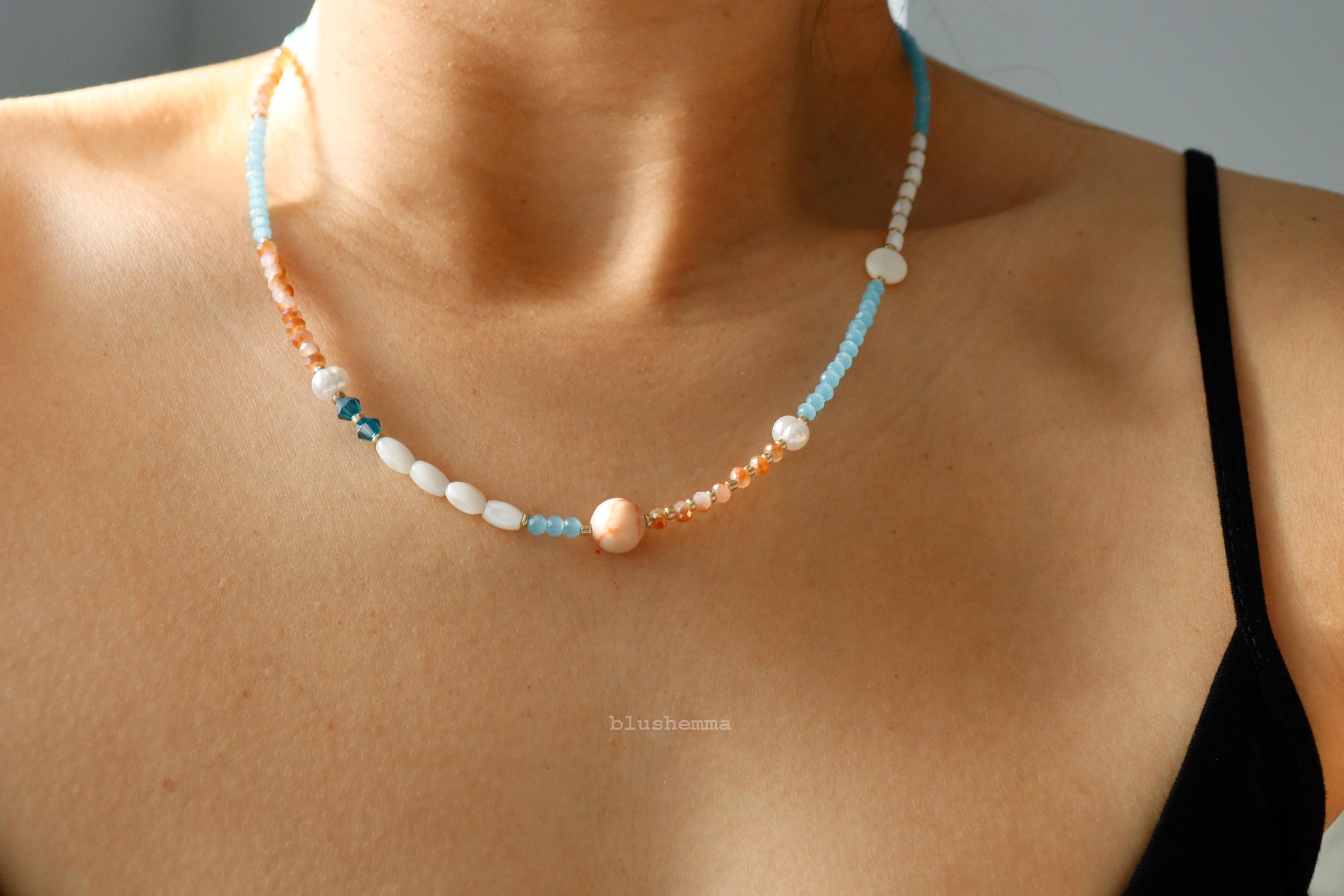 Sunrise Beaded Necklace, Blue Peach Soda Dainty Jewelry