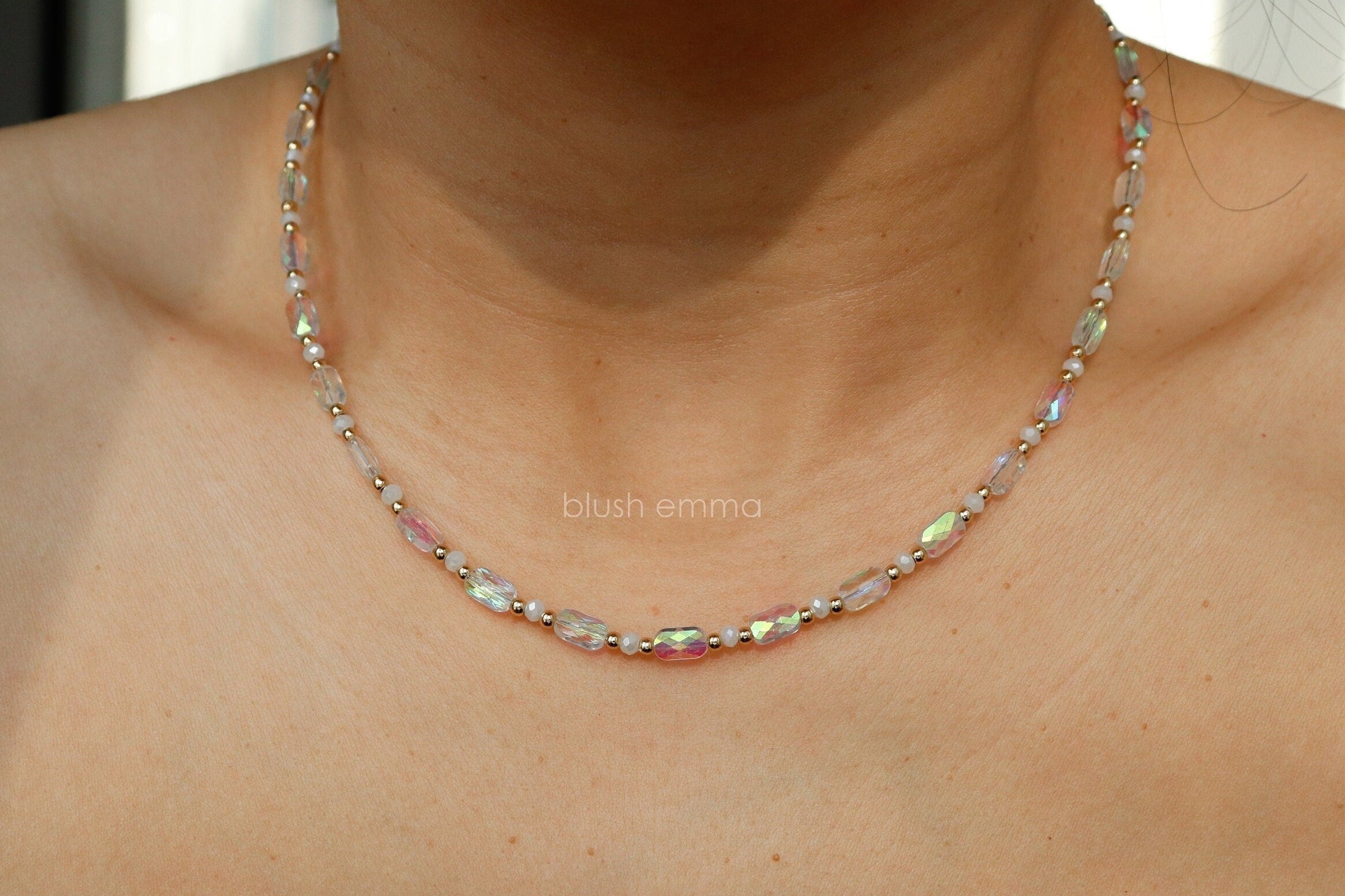 An iridescent clear beads and moon glass beaded necklace with gold trim, Celestial Glow Iridescent Beaded Necklace, kpop mermaid necklace, beautiful gift