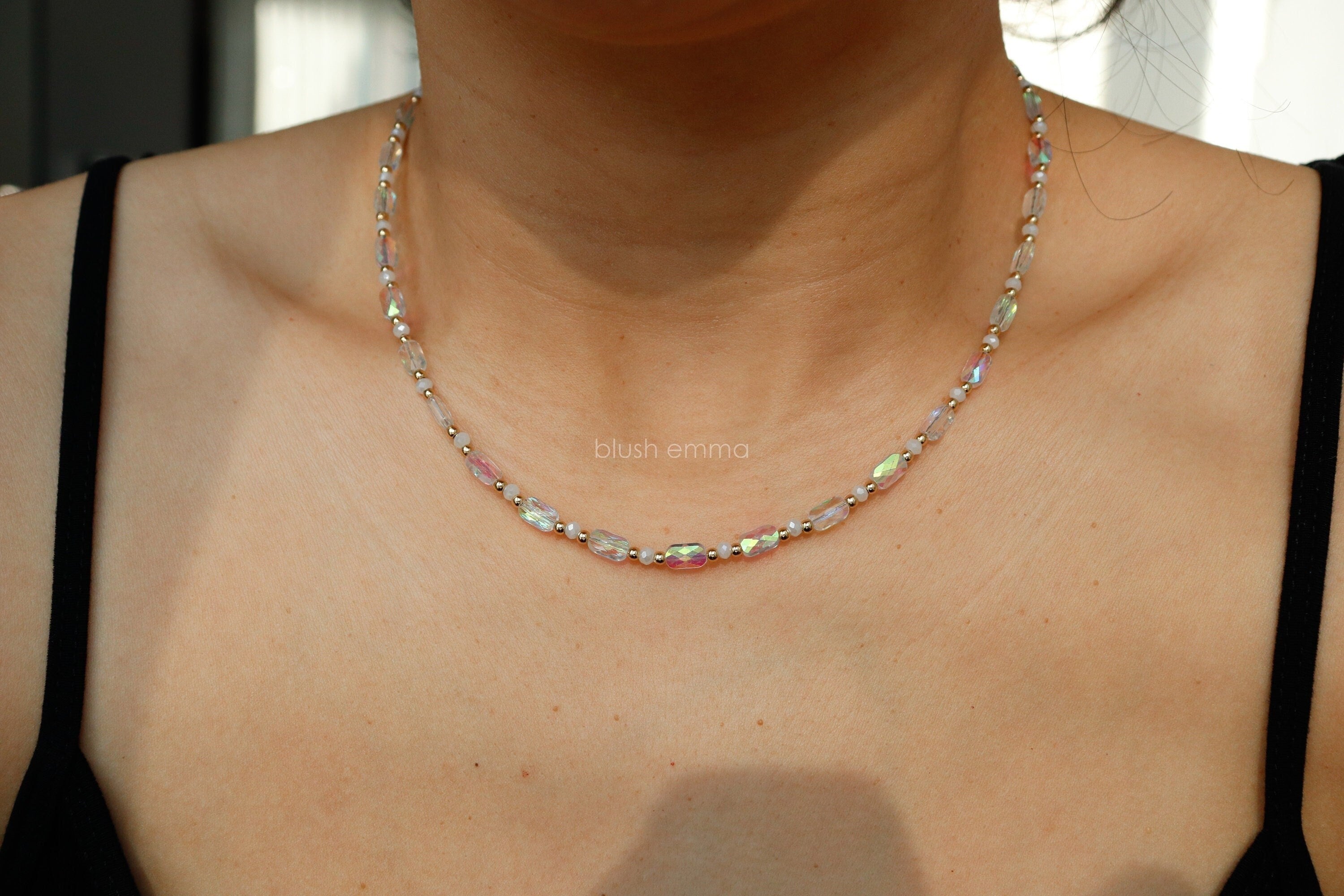 An iridescent clear beads and moon glass beaded necklace with gold trim, Celestial Glow Iridescent Beaded Necklace, kpop mermaid necklace, beautiful gift