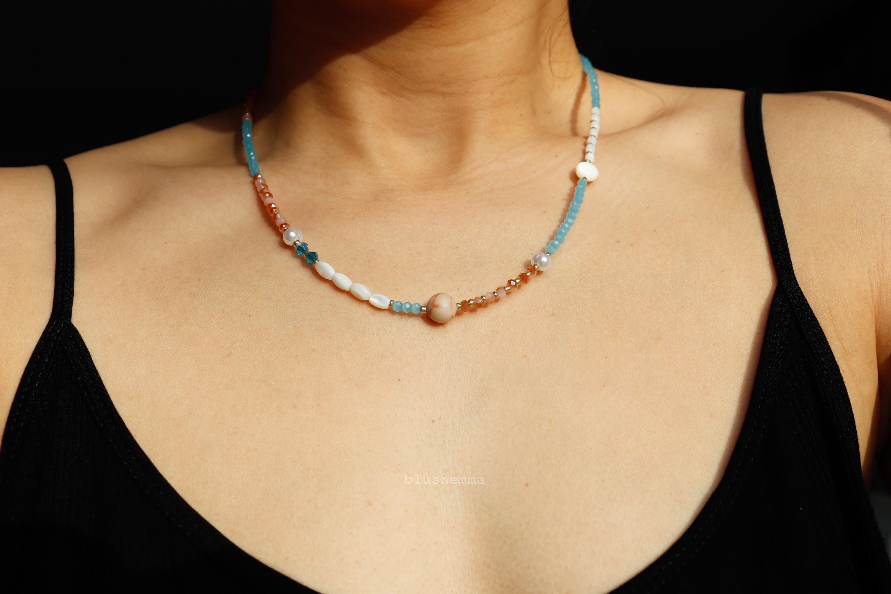 Sunrise Beaded Necklace, Blue Peach Soda Dainty Jewelry
