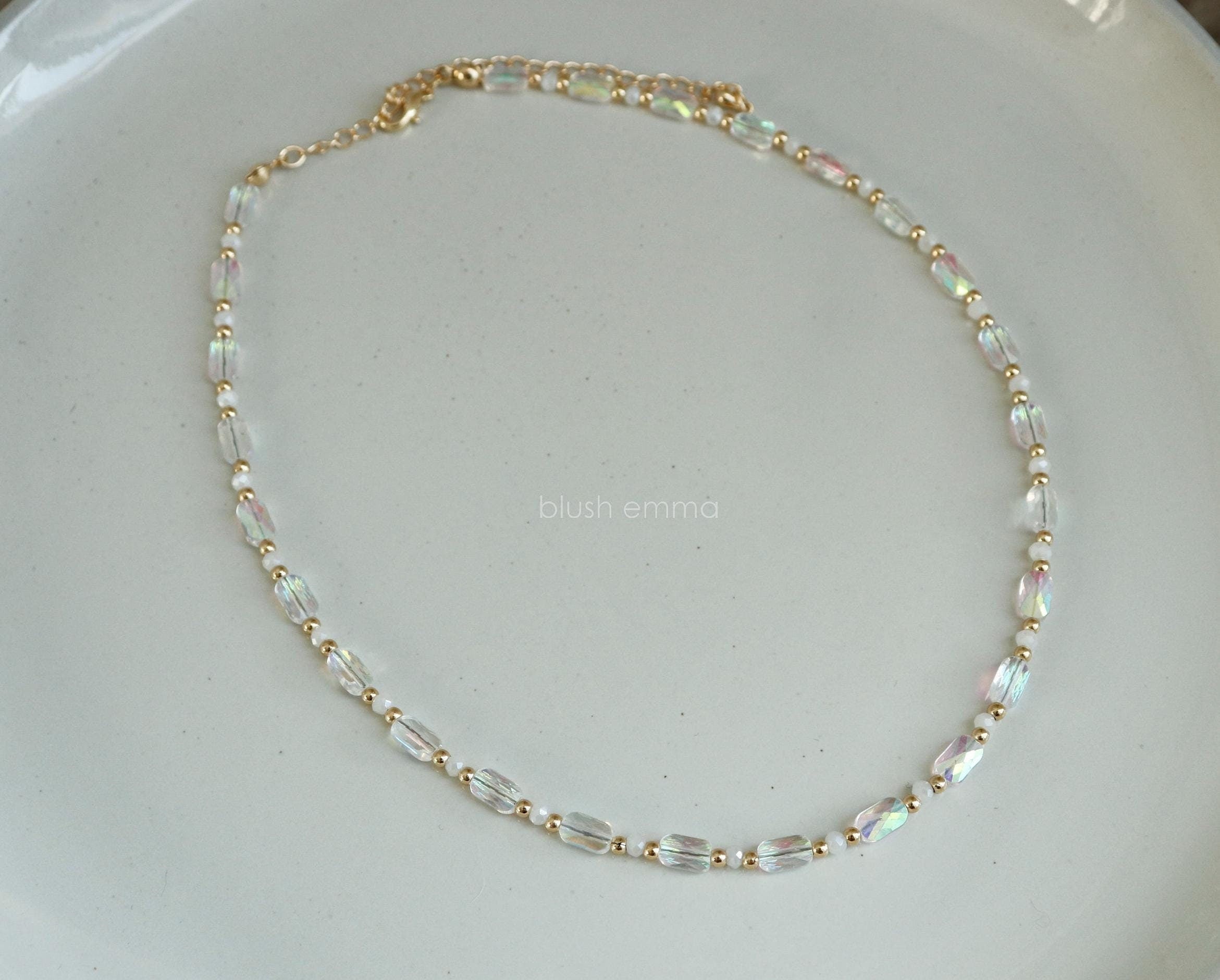 An iridescent clear beads and moon glass beaded necklace with gold trim, Celestial Glow Iridescent Beaded Necklace, kpop mermaid necklace, beautiful gift