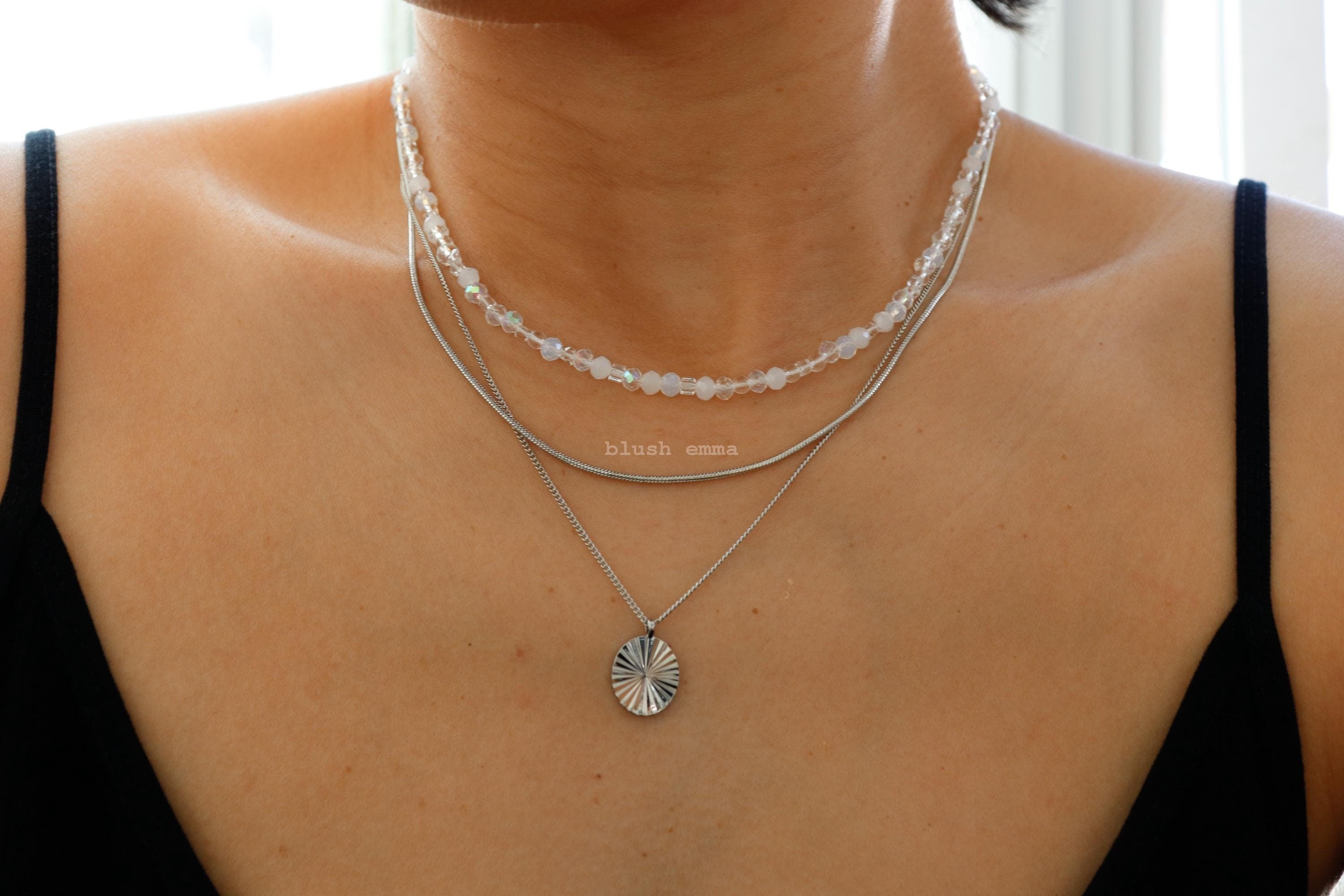 Frosted White, Iridescent Clear Crystal Glass Beaded Necklace