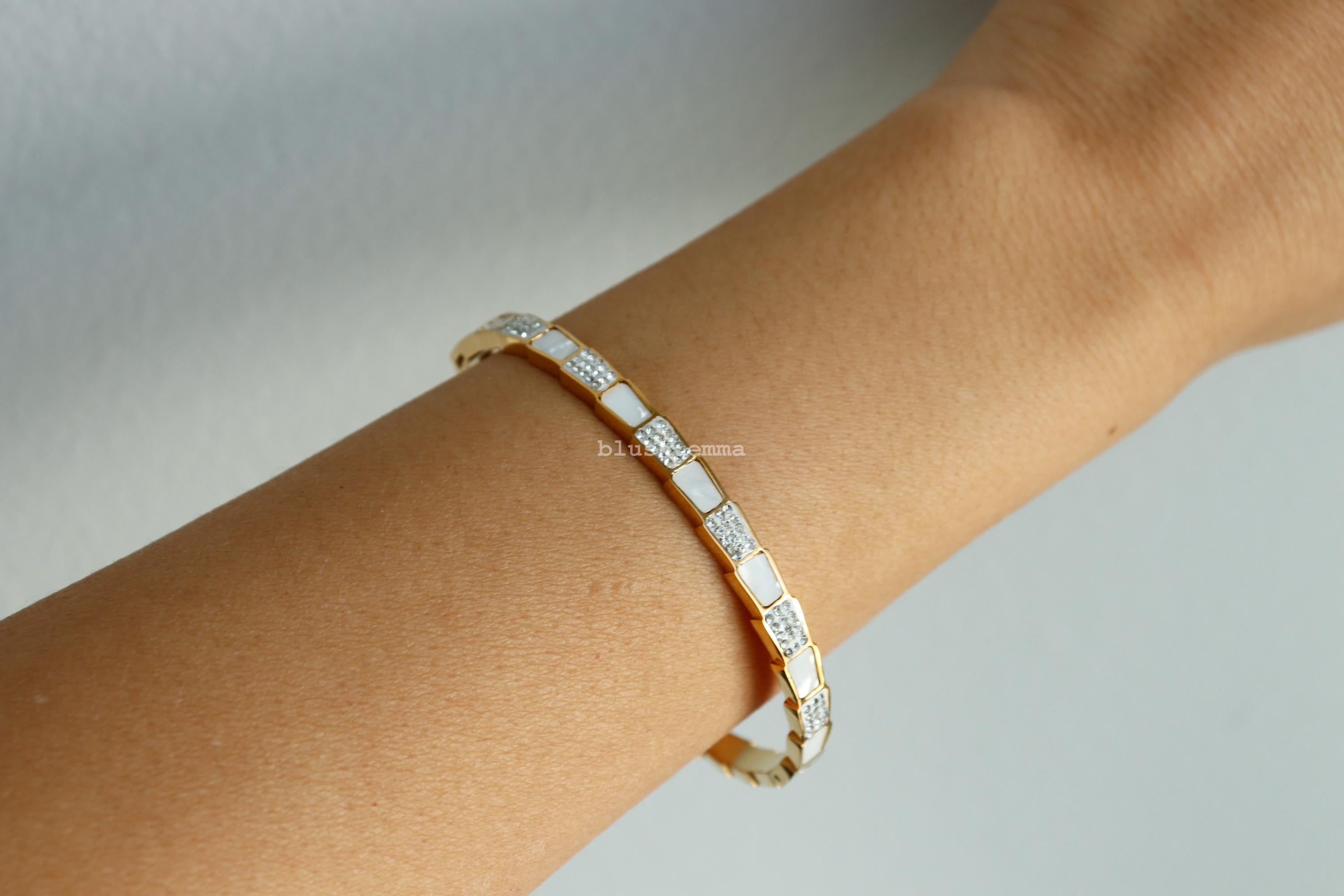 White Shell Crystal Pave Layered Trapezoid Cuff Bangle Bracelet. Stainless Steel