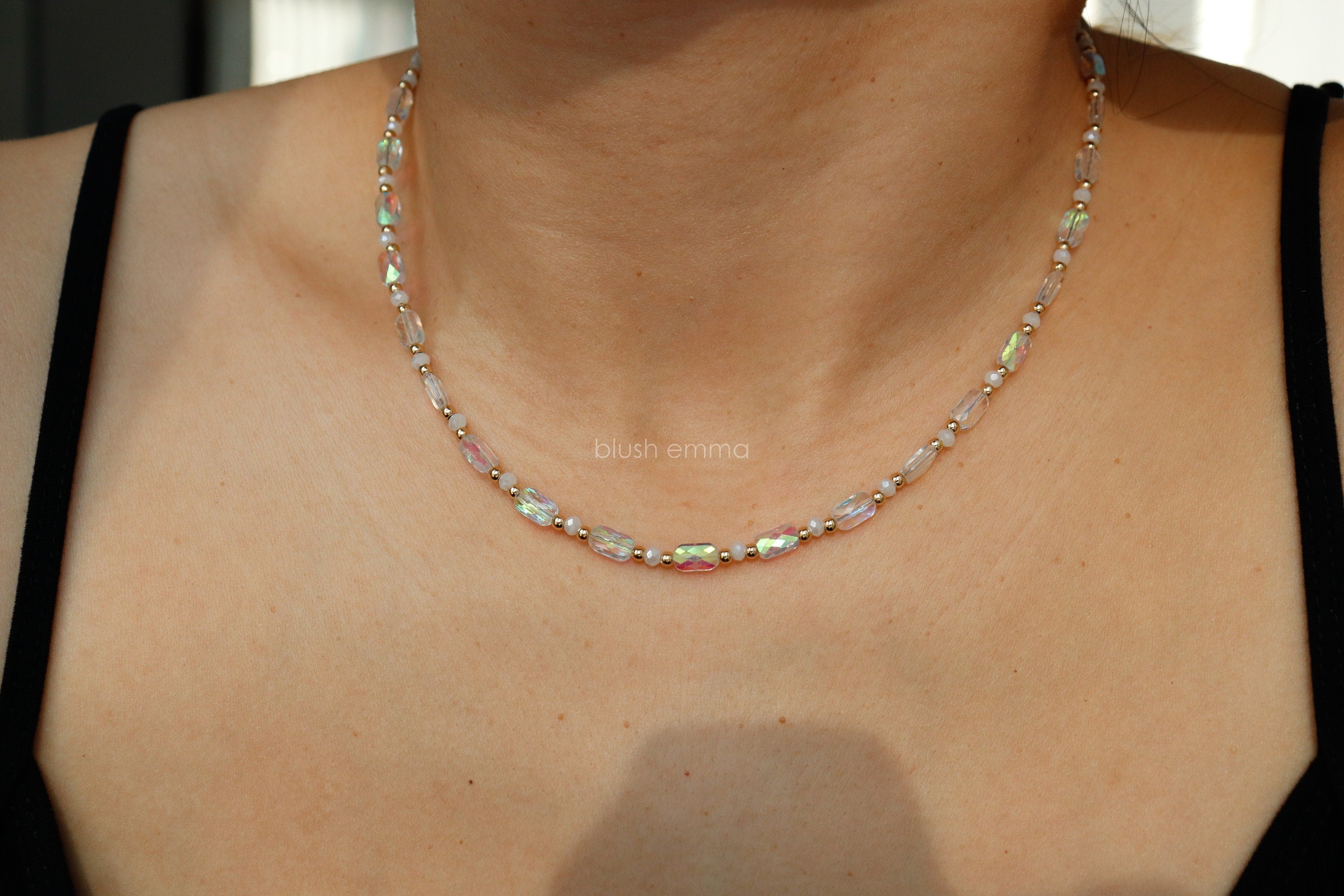 An iridescent clear beads and moon glass beaded necklace with gold trim, Celestial Glow Iridescent Beaded Necklace, kpop mermaid necklace, beautiful gift