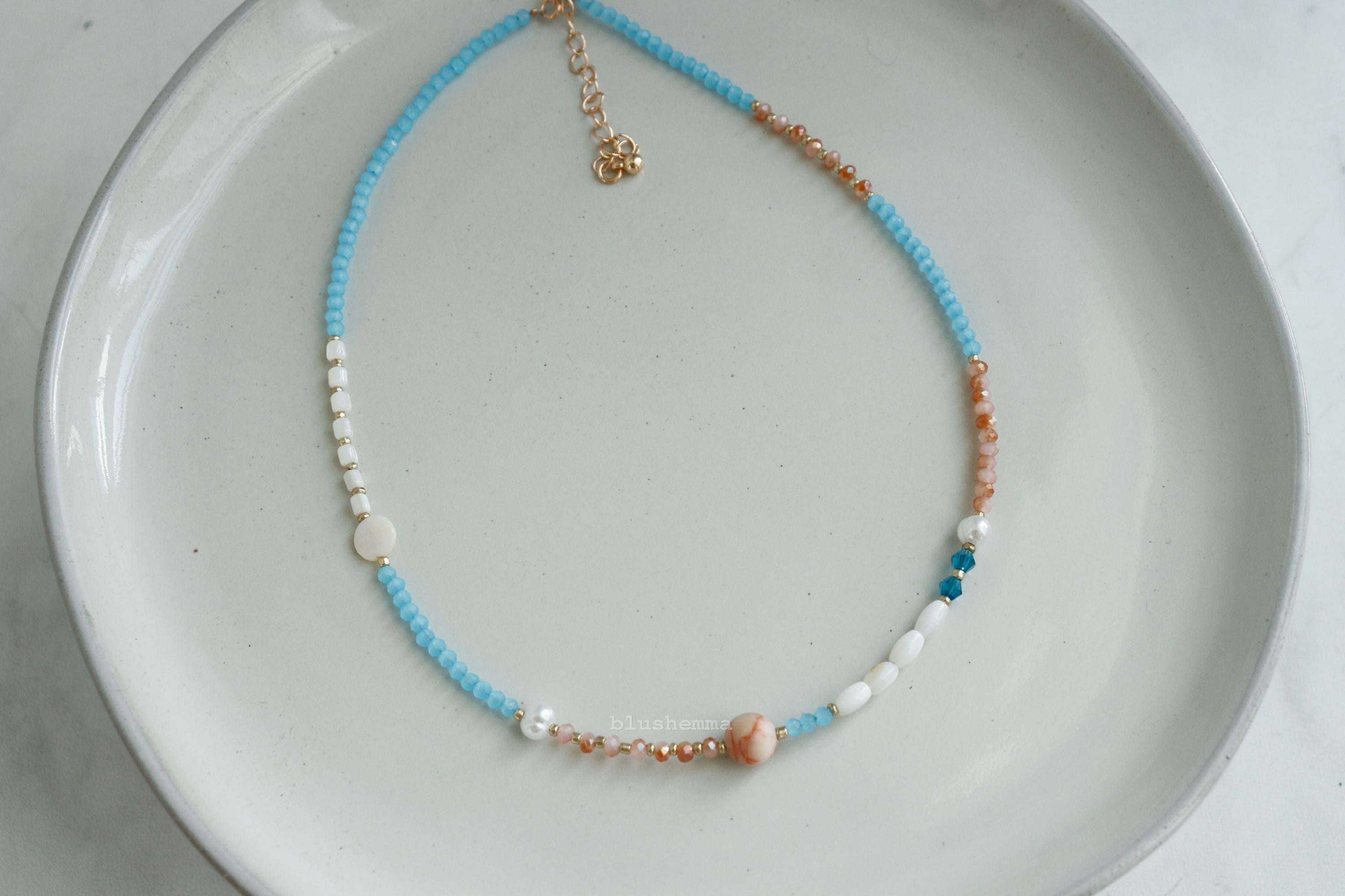 Sunrise Beaded Necklace, Blue Peach Soda Dainty Jewelry