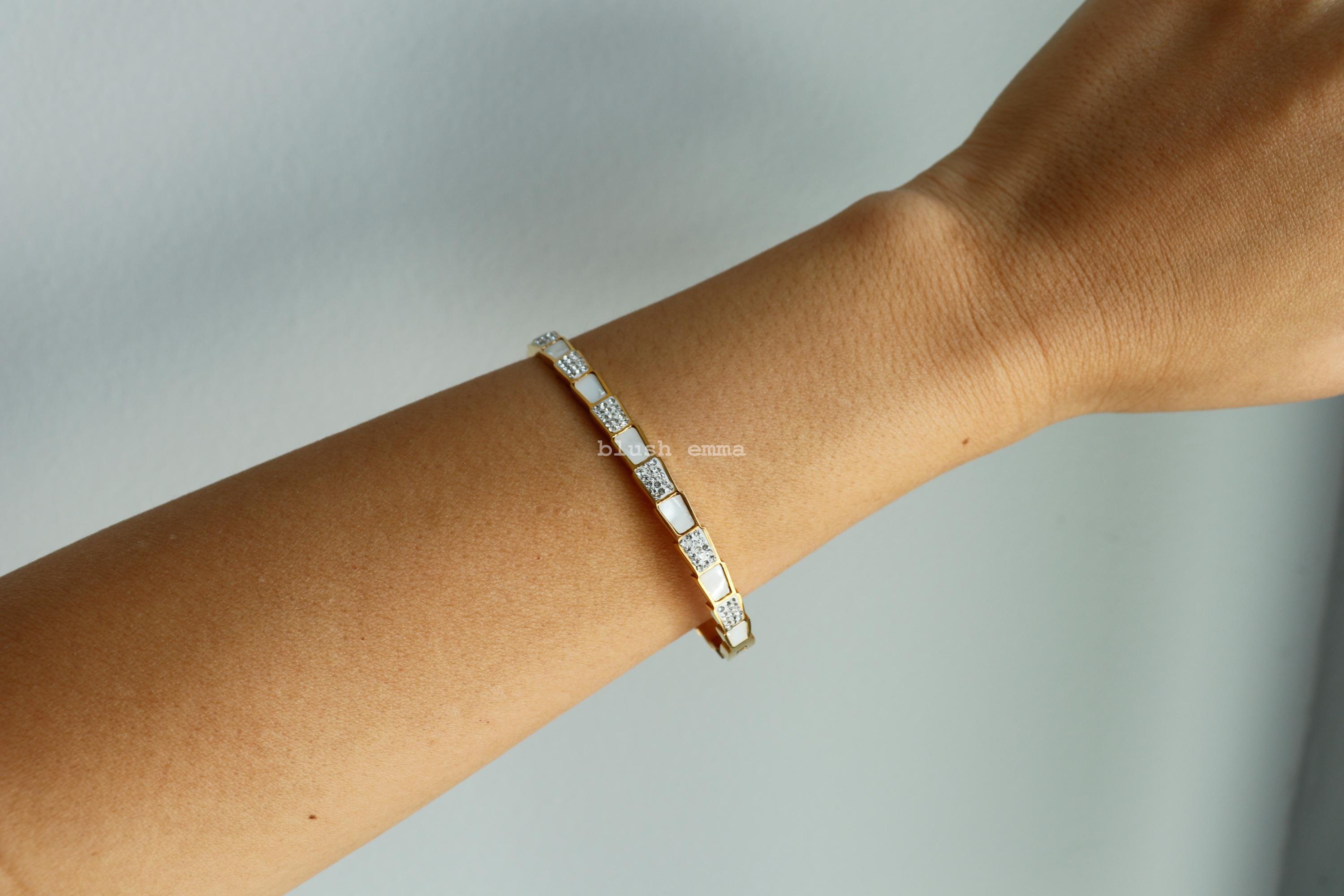 White Shell Crystal Pave Layered Trapezoid Cuff Bangle Bracelet. Stainless Steel