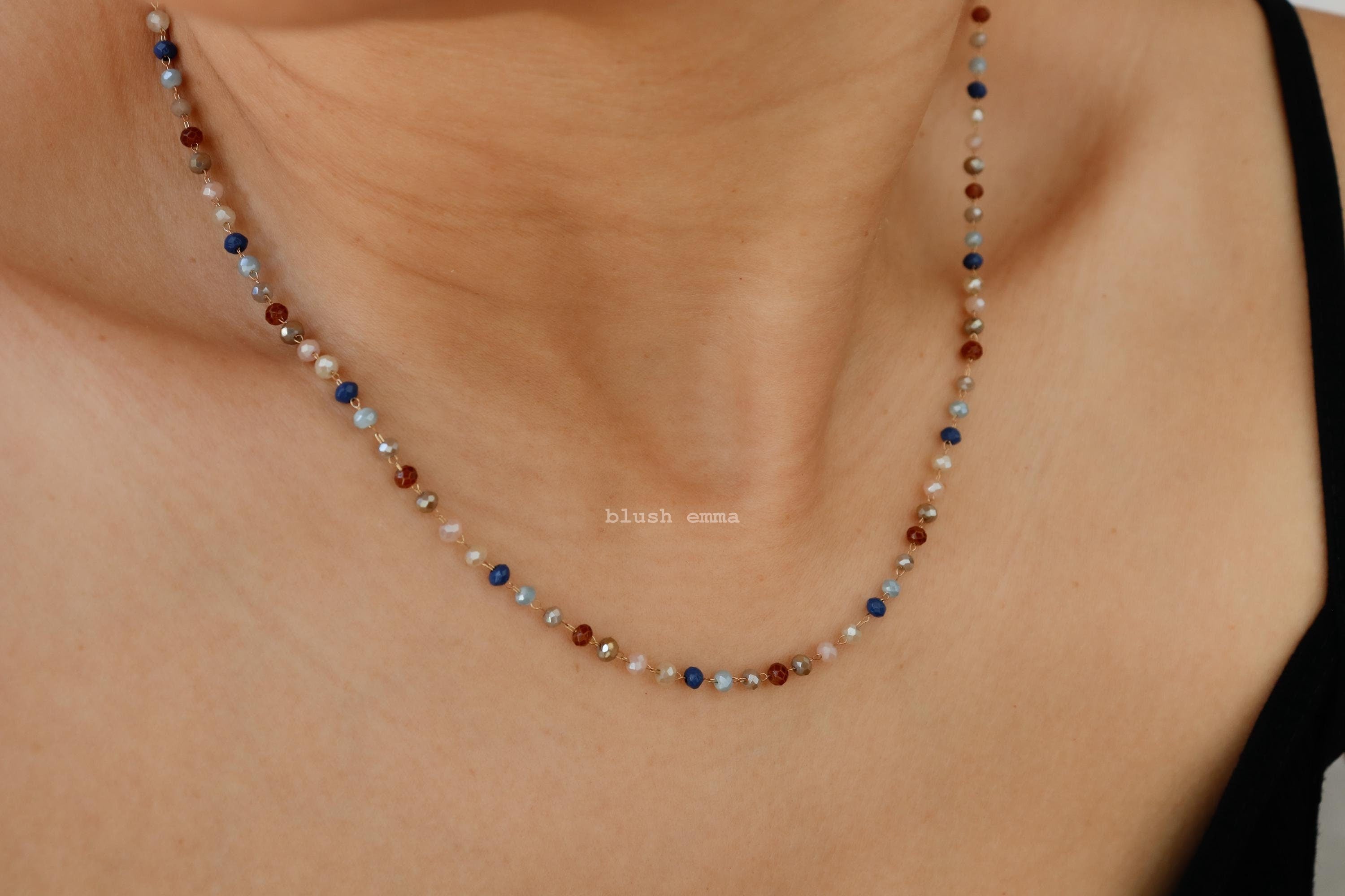 Dark Mood Navy Brown Moon Colors Beaded Necklace