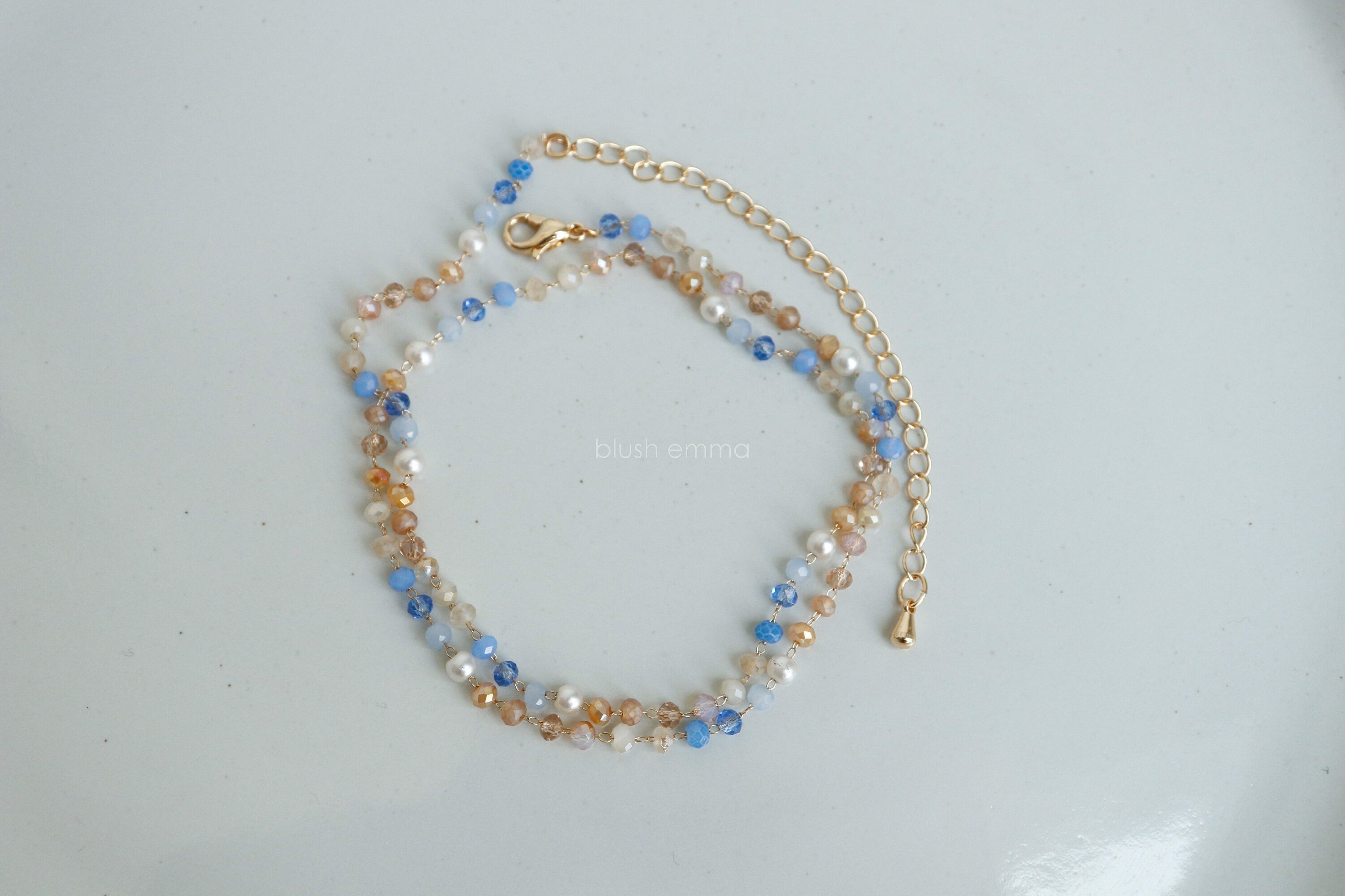 Pretty Me Blue, Beige Tones Pearl Accent Crystal Beaded Necklace