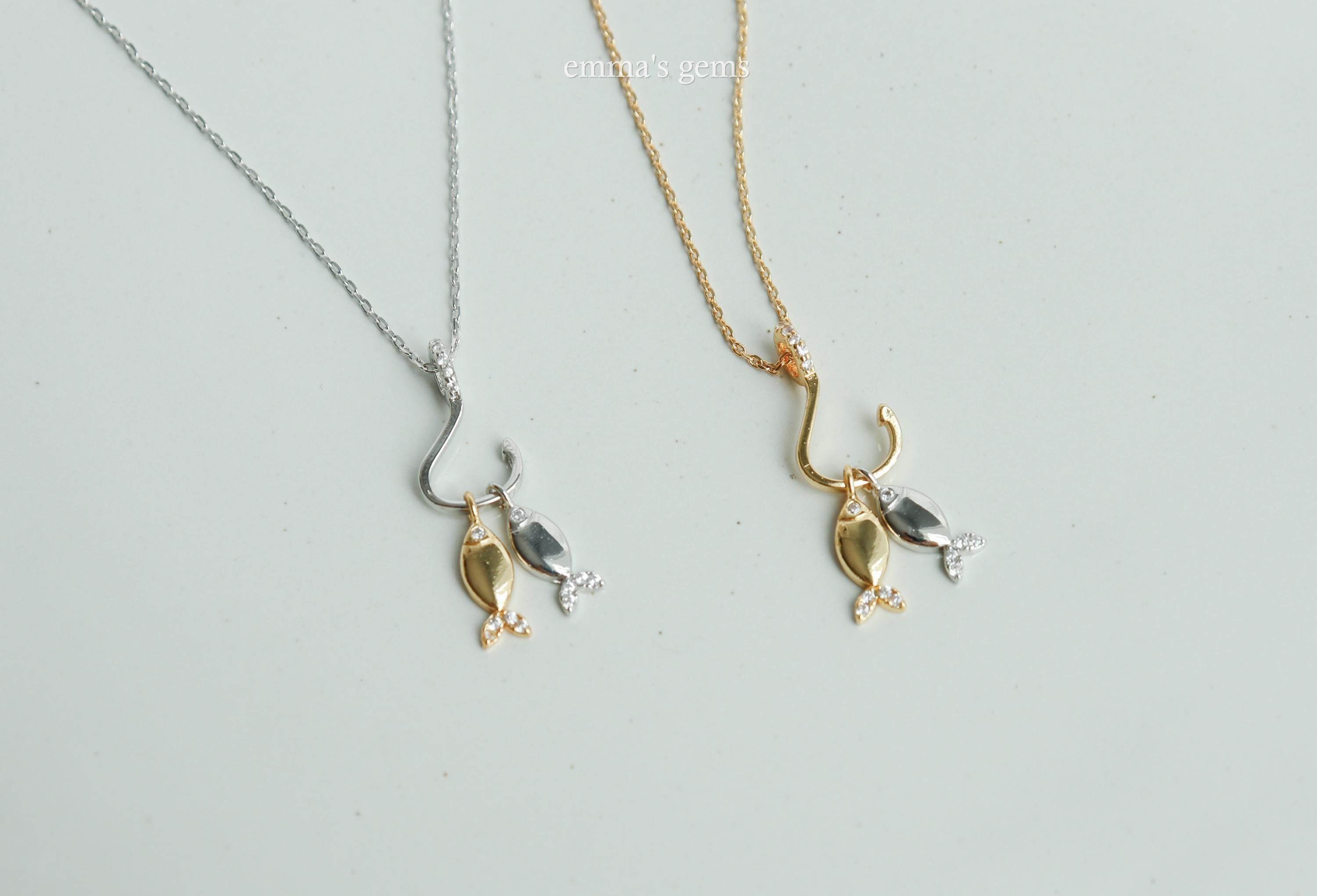 Double Two Tone Fish on Hook Charm Necklace
