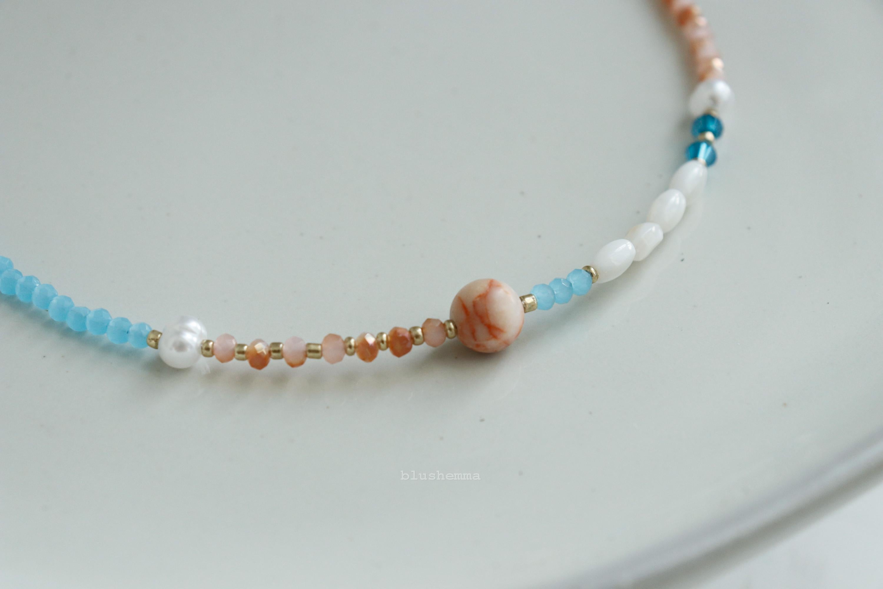 Sunrise Beaded Necklace, Blue Peach Soda Dainty Jewelry