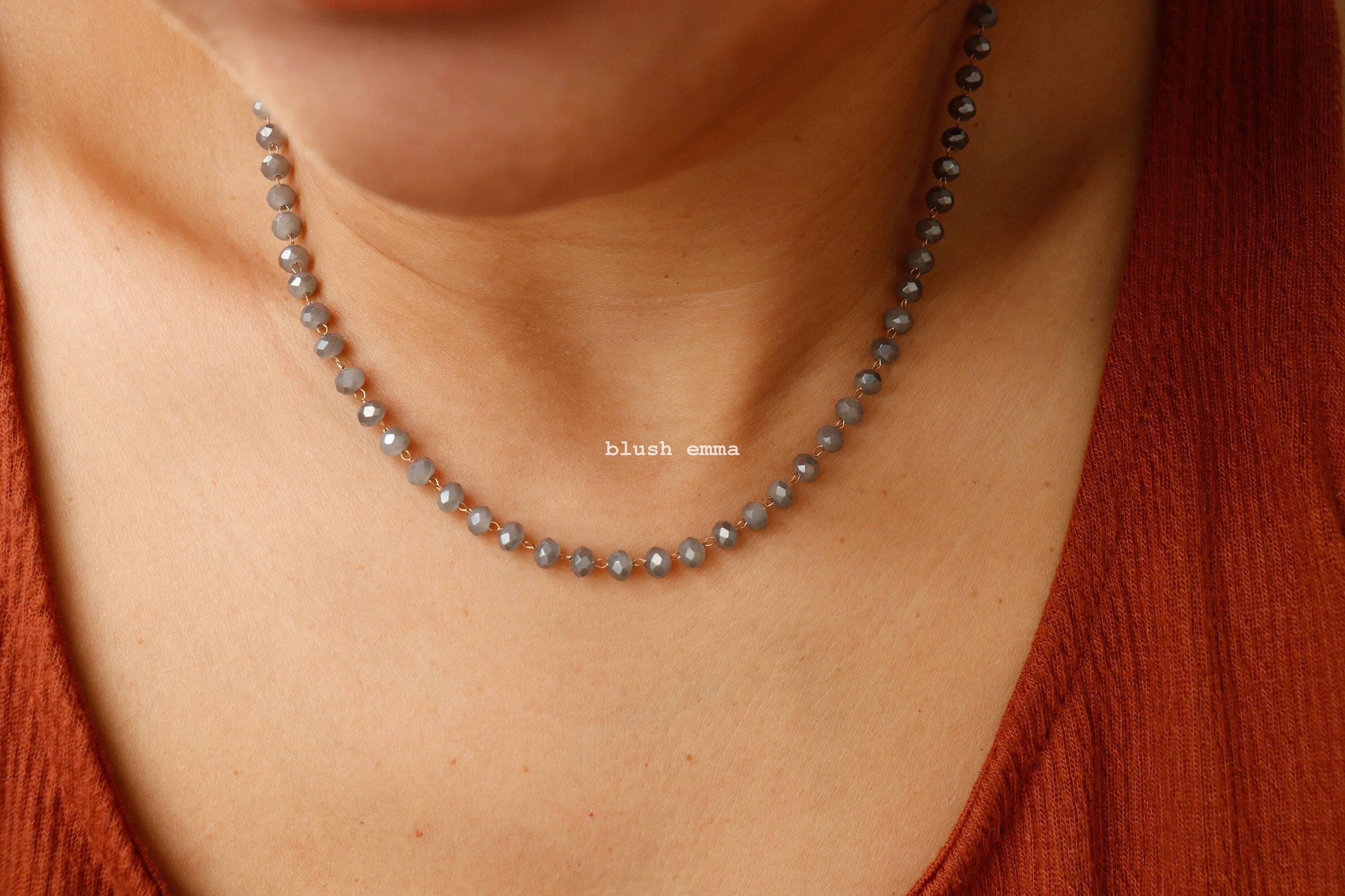Gray Crystal Glass Beaded Choker Necklace