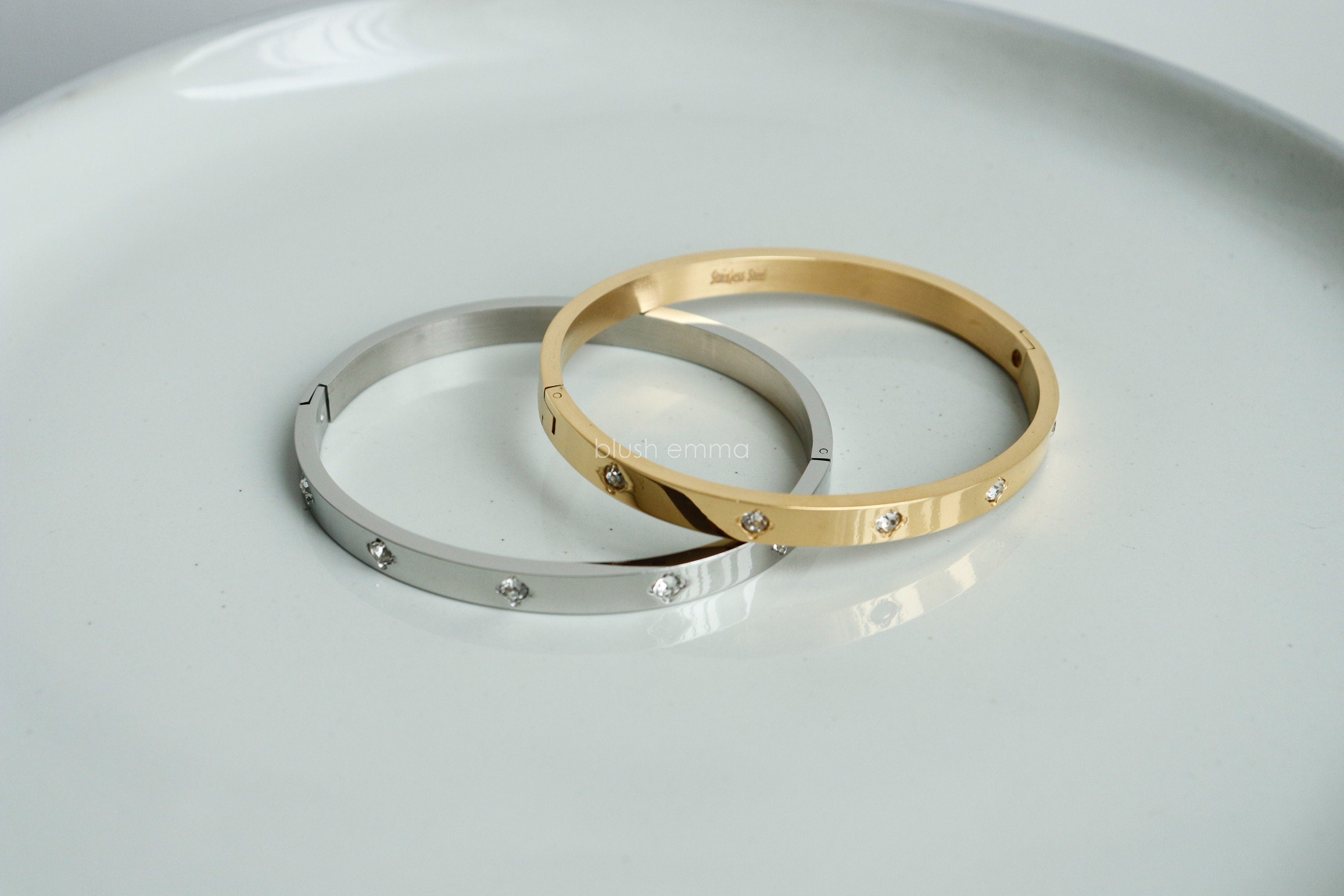Gold and Silver Bold Cubic Paved Stainless Steel Oval Cuff Hinge Latch Bangle Bracelet