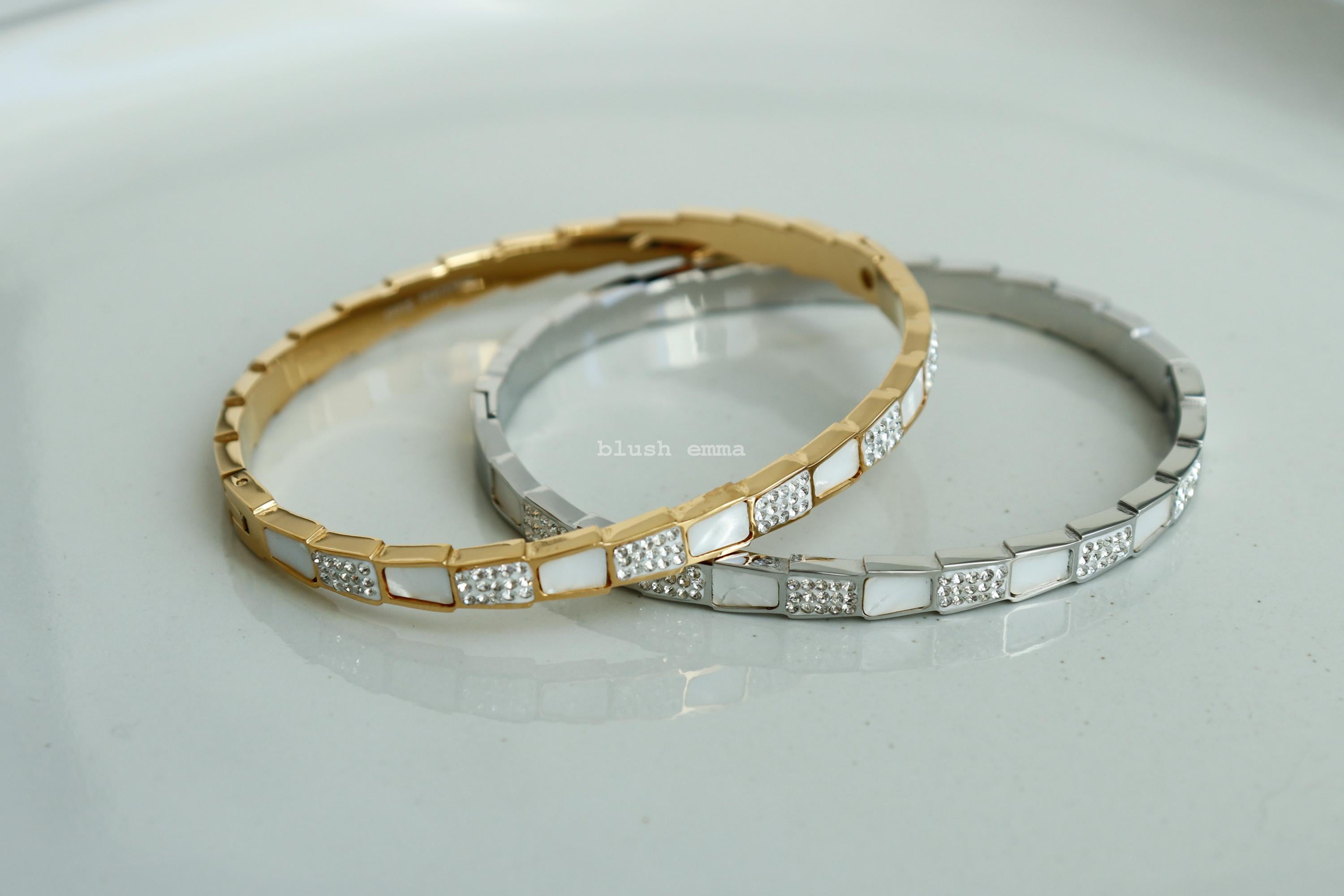 White Shell Crystal Pave Layered Trapezoid Cuff Bangle Bracelet. Stainless Steel