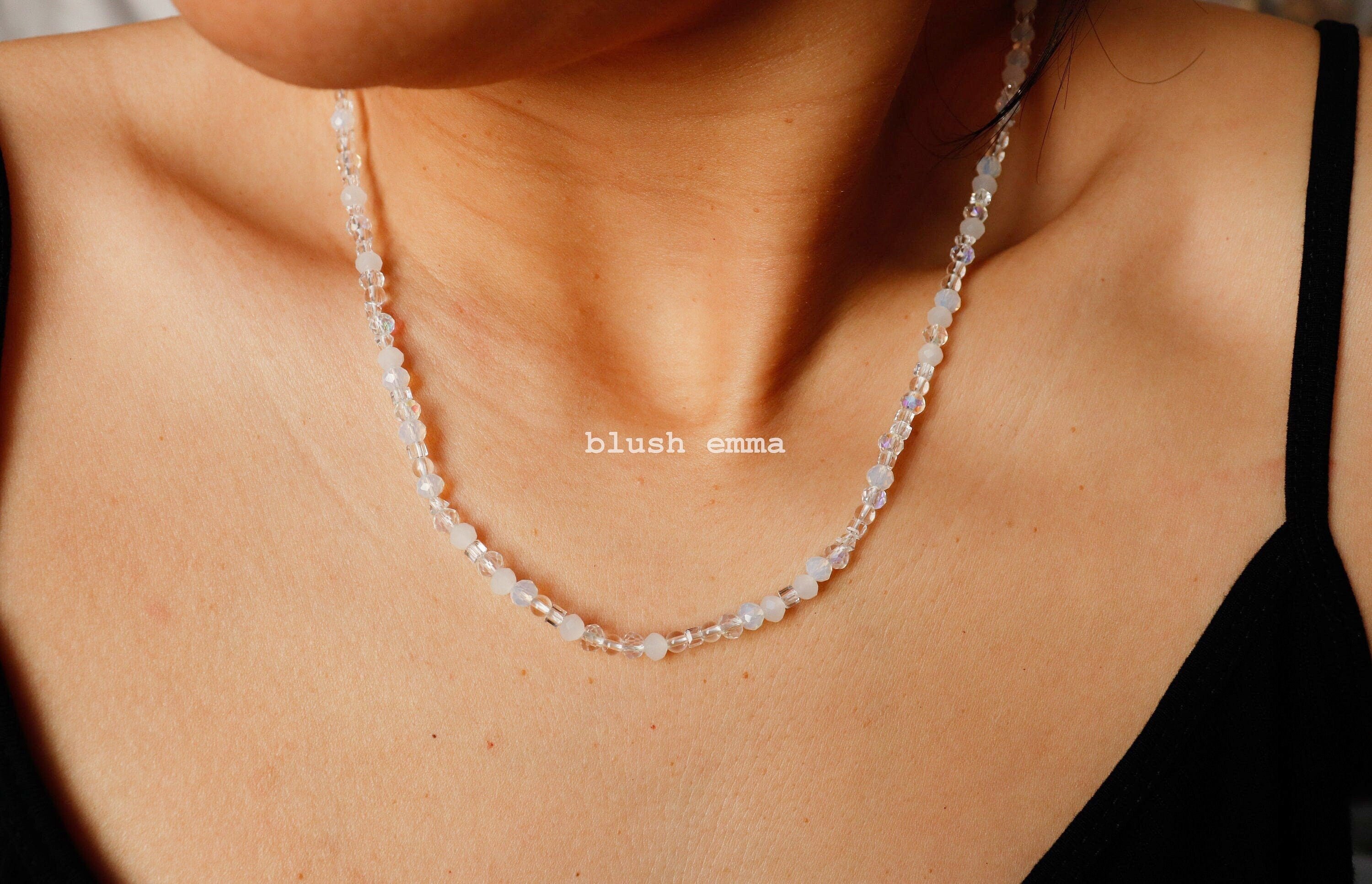 Frosted White, Iridescent Clear Crystal Glass Beaded Necklace