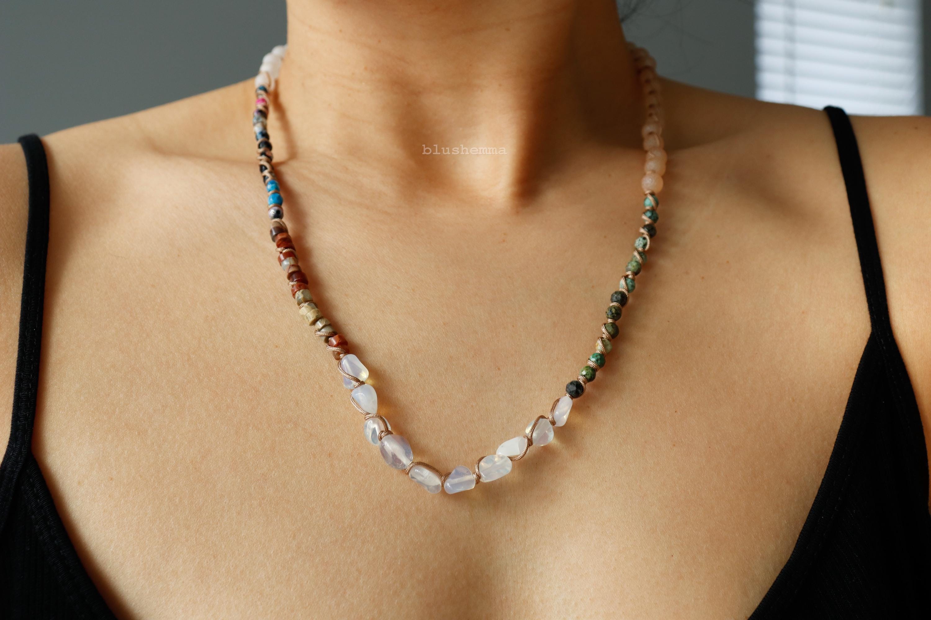 Bold Color Mixed Stone and Gem Roped Tied Beaded Necklace