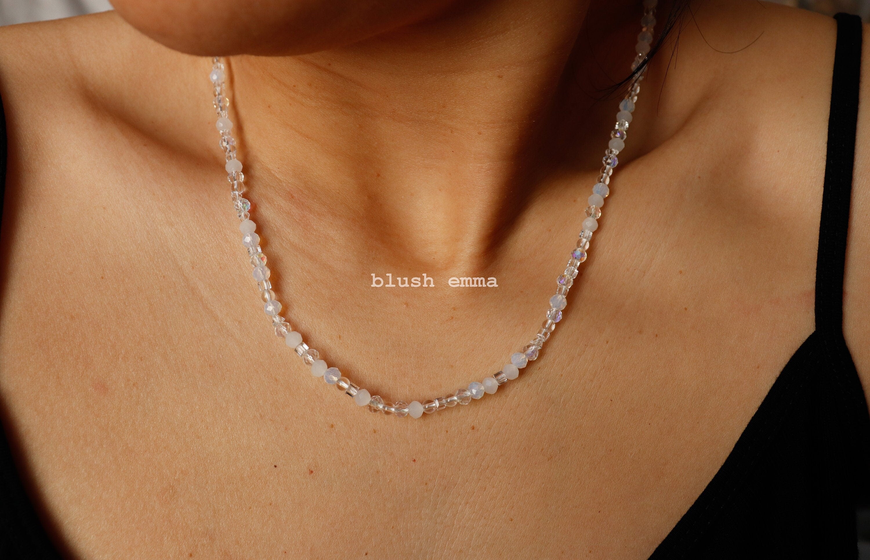 Frosted White, Iridescent Clear Crystal Glass Beaded Necklace