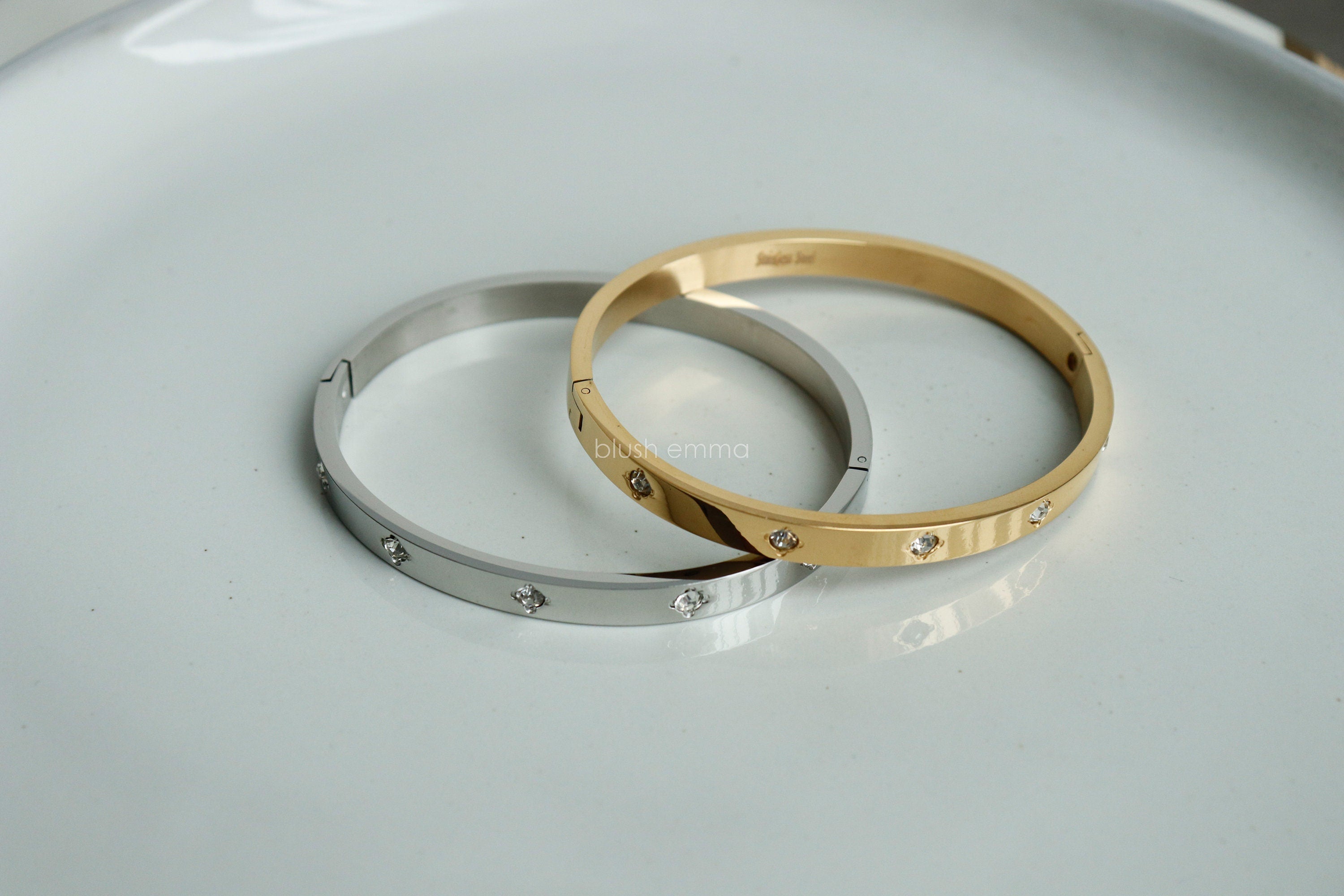 Gold and Silver Bold Cubic Paved Stainless Steel Oval Cuff Hinge Latch Bangle Bracelet
