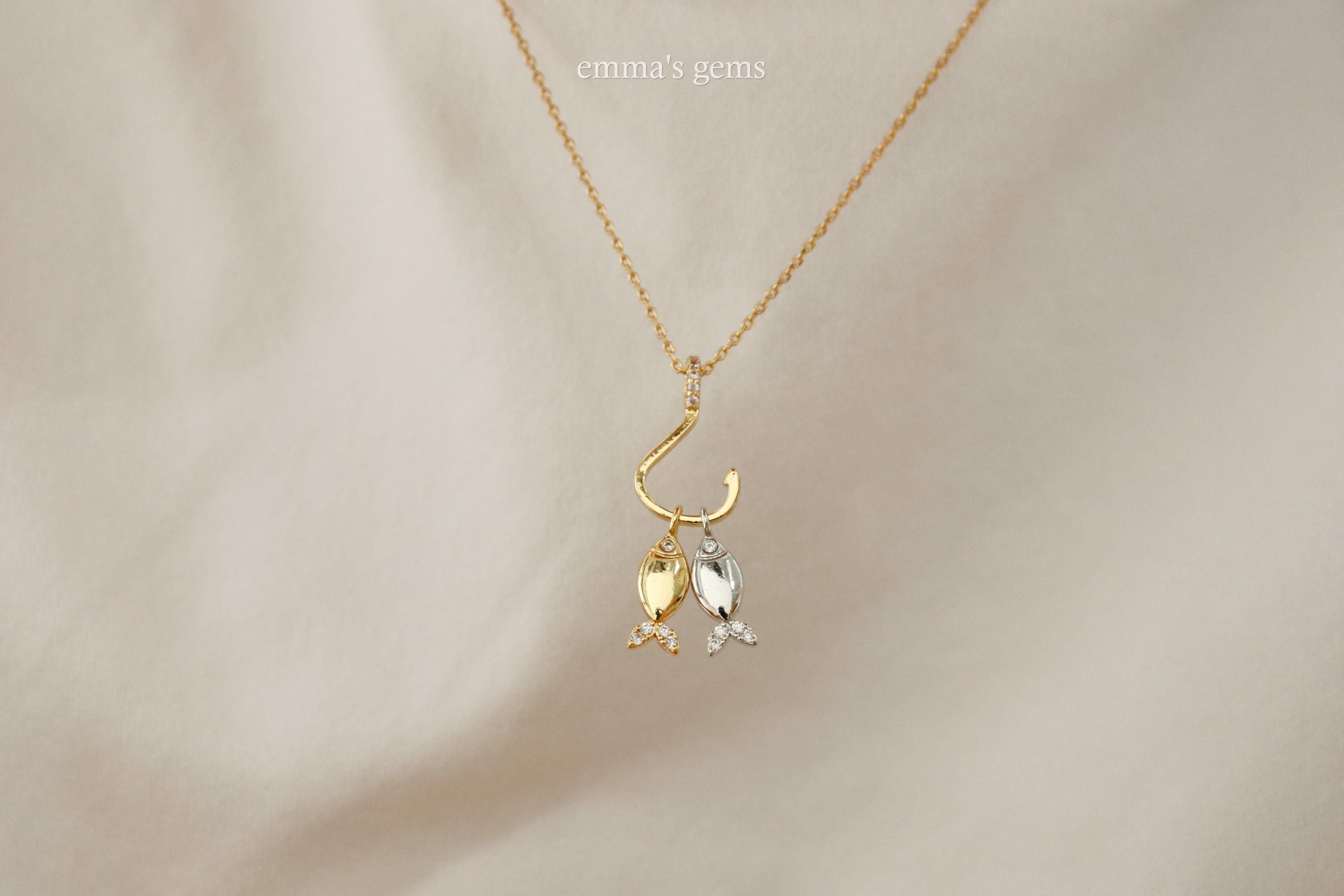 Double Two Tone Fish on Hook Charm Necklace