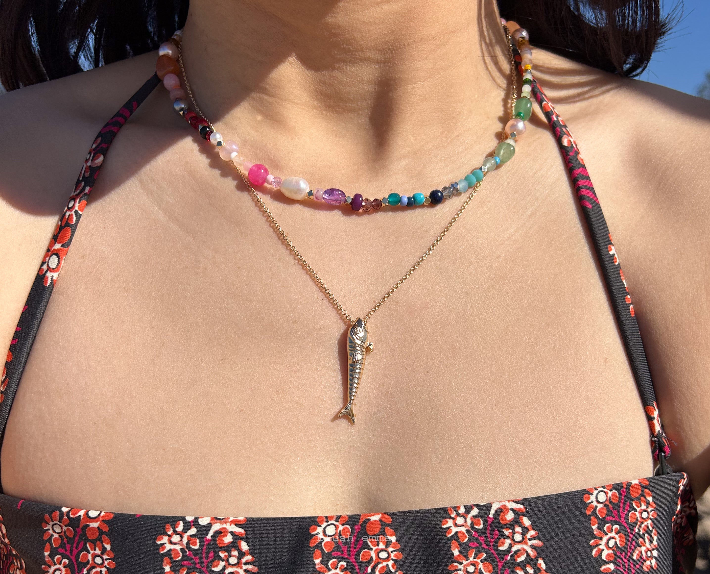 The Fish Necklace, Large Eye Dainty Gold Plated Chain, Layering for Beaded Coastal Boho Gold, Minimal Jewelry, Bridesmaid Bestie Gift