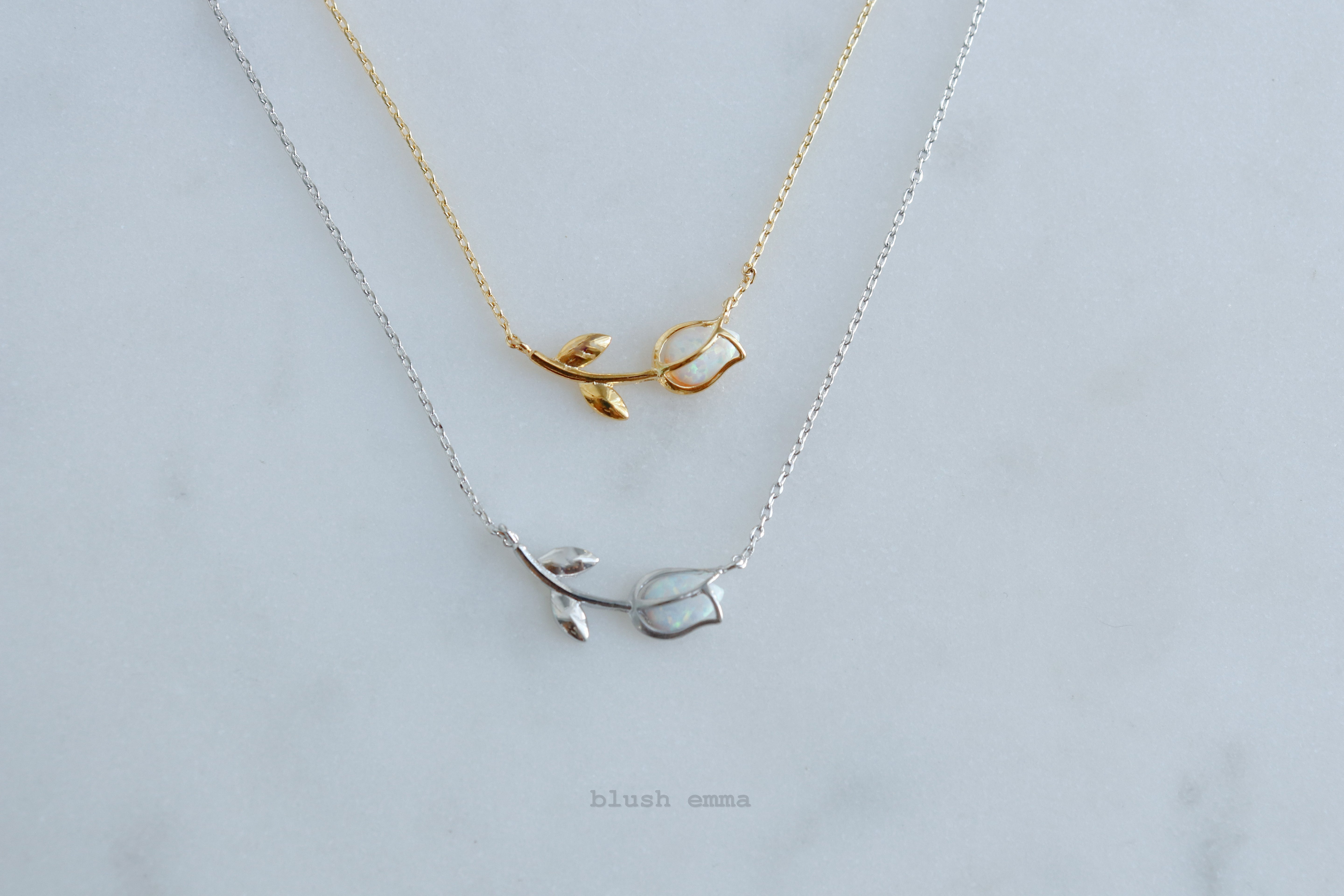 Dainty Encased Opal Tulip Necklace, Petal Wrap, Double Pendant Gold Silver Plated Chain Wedding Necklaces, bridal October Flower, Birthstone Charm