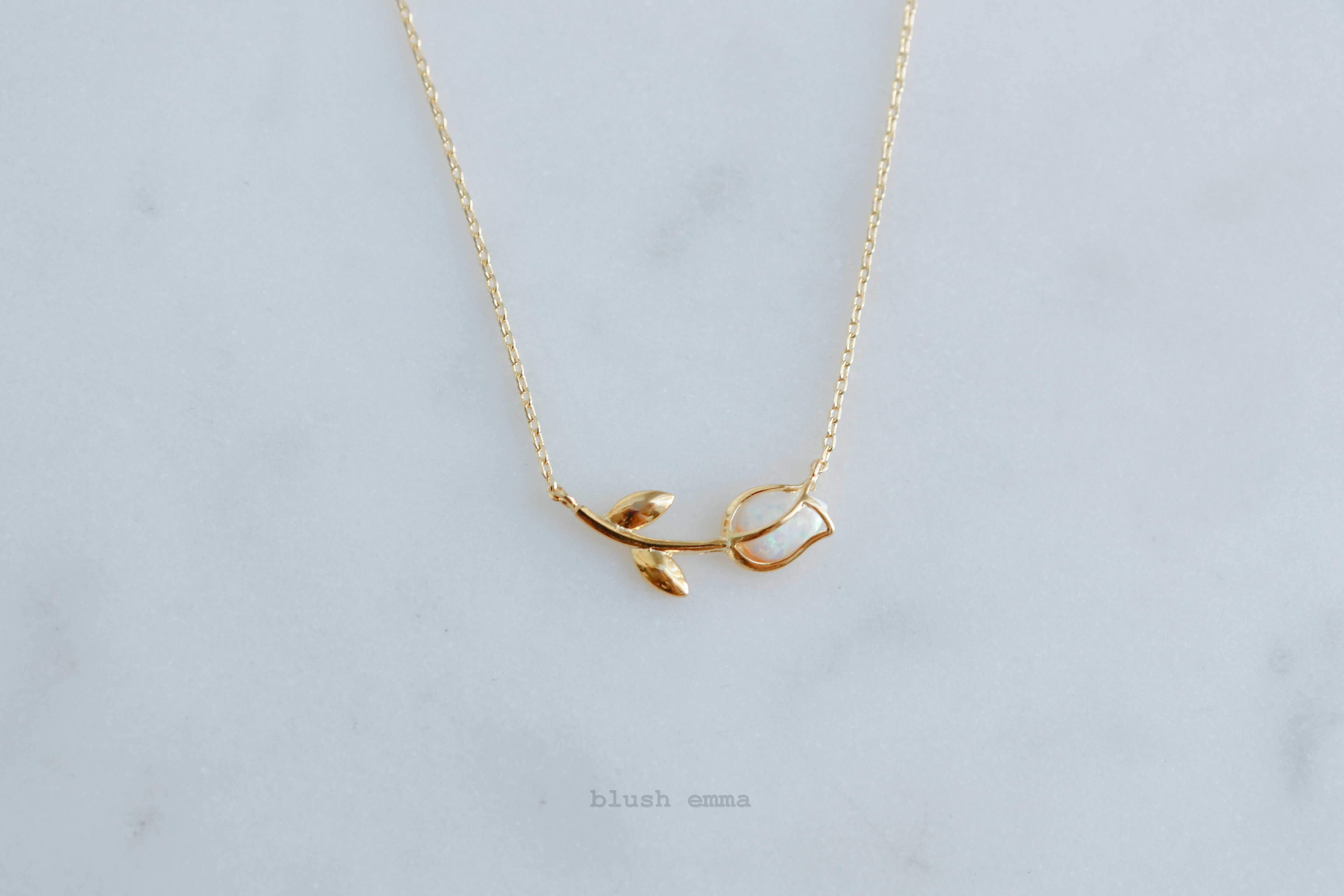 Dainty Encased Opal Tulip Necklace, Petal Wrap, Double Pendant Gold Silver Plated Chain Wedding Necklaces, bridal October Flower, Birthstone Charm