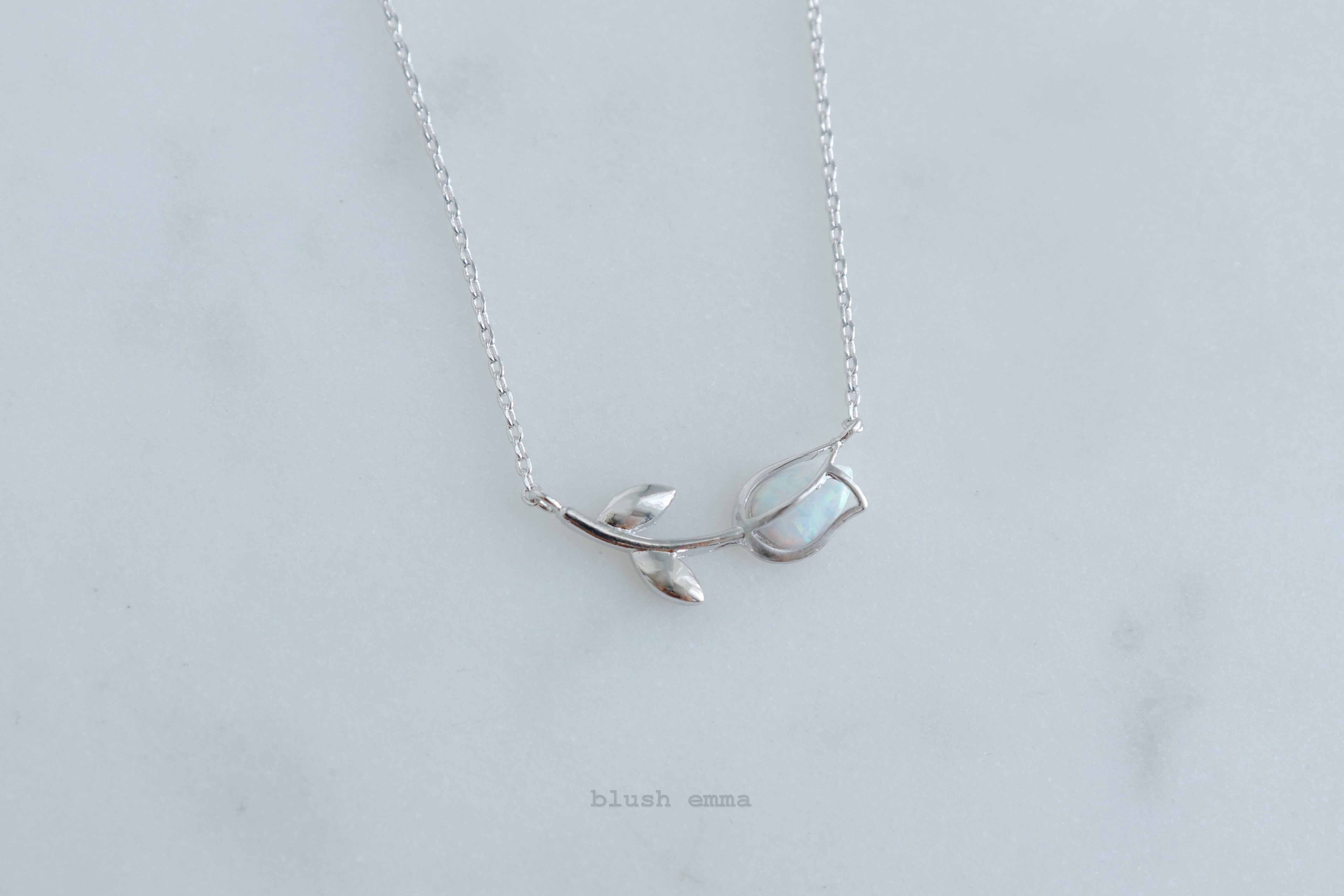 Dainty Encased Opal Tulip Necklace, Petal Wrap, Double Pendant Gold Silver Plated Chain Wedding Necklaces, bridal October Flower, Birthstone Charm