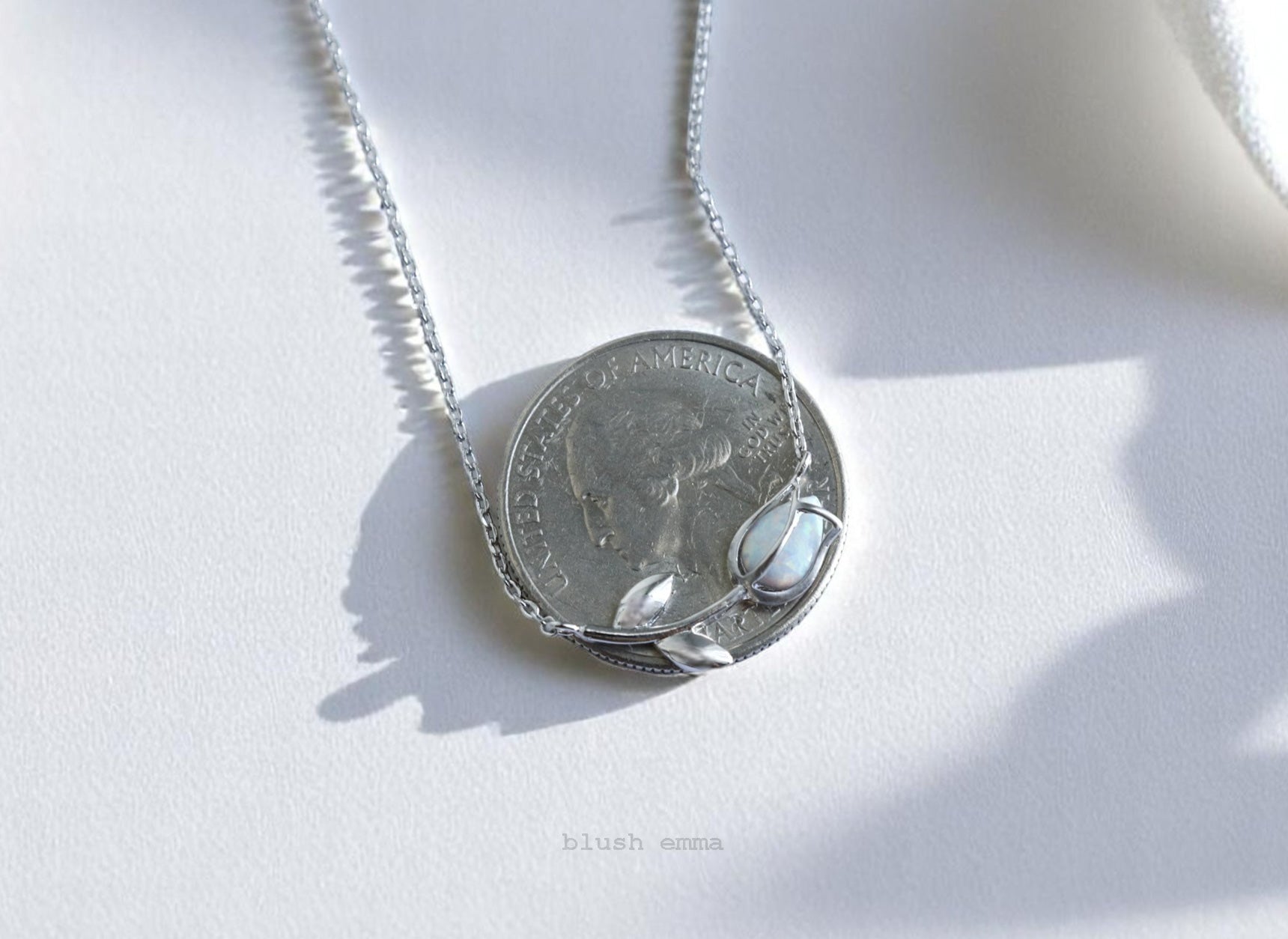Dainty Encased Opal Tulip Necklace, Petal Wrap, Double Pendant Gold Silver Plated Chain Wedding Necklaces, bridal October Flower, Birthstone Charm