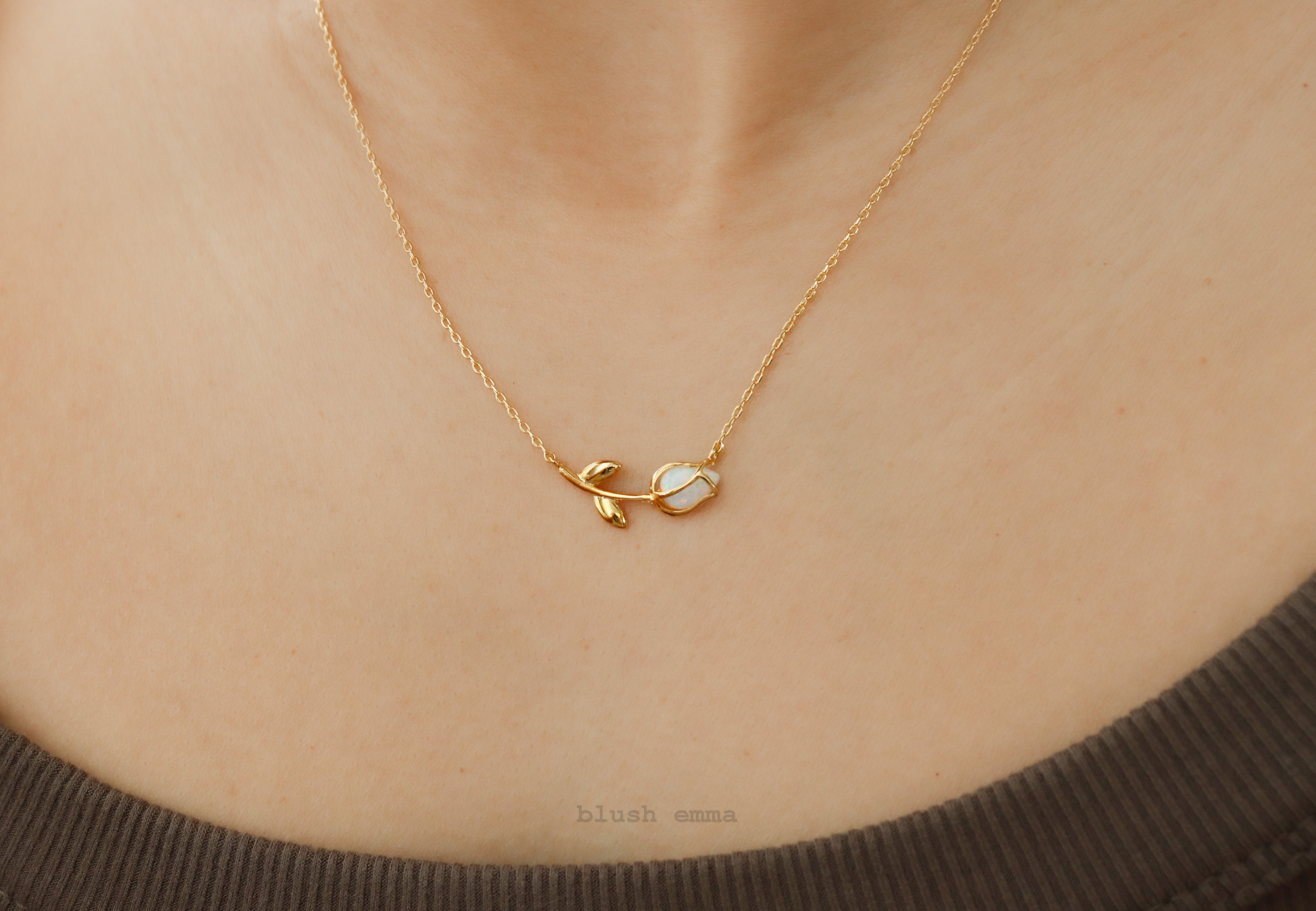 Dainty Encased Opal Tulip Necklace, Petal Wrap, Double Pendant Gold Silver Plated Chain Wedding Necklaces, bridal October Flower, Birthstone Charm