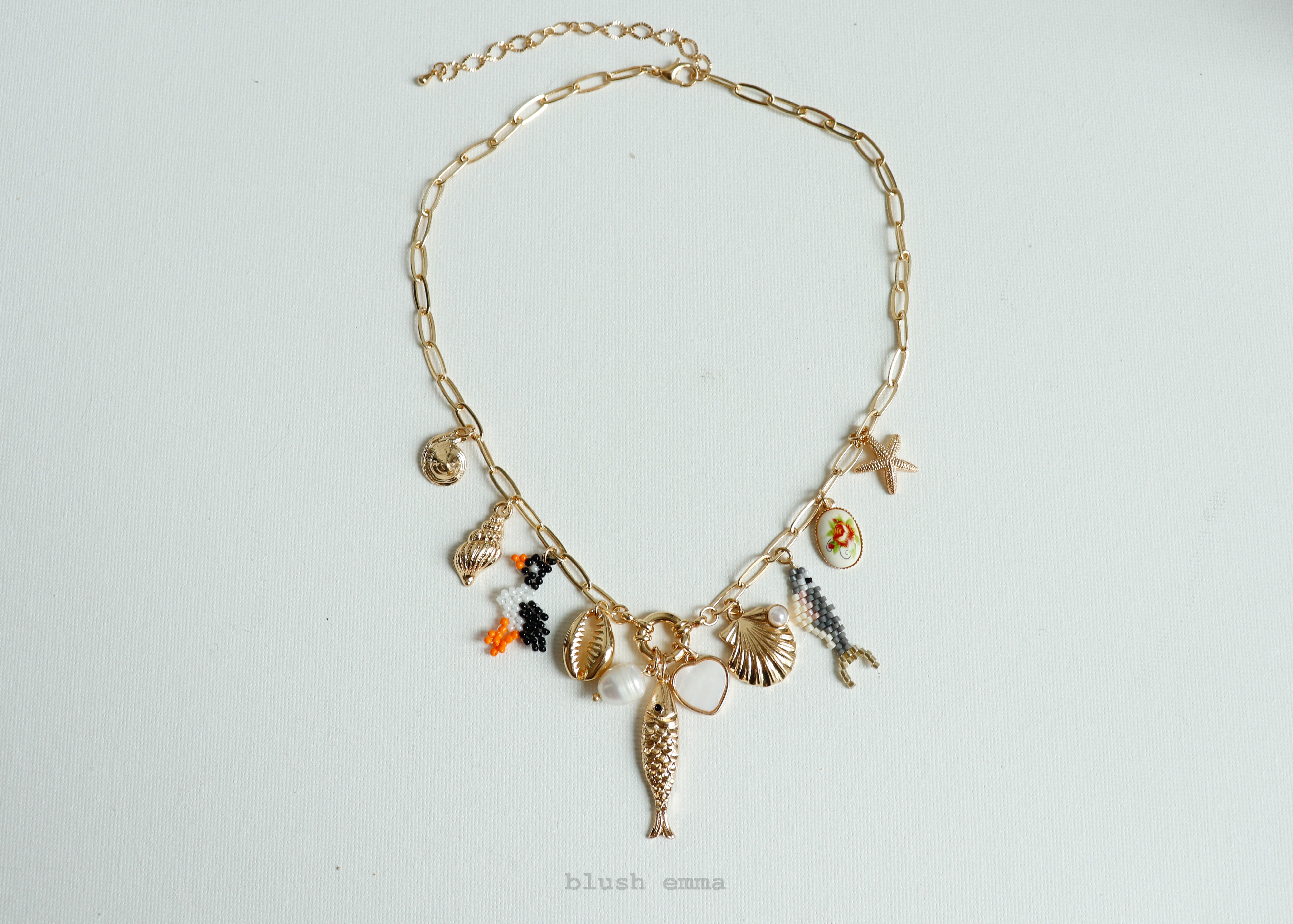 Blush emma Fish Accent Coastal Chunky Charms Necklace, gold antique seashell charm chain necklace